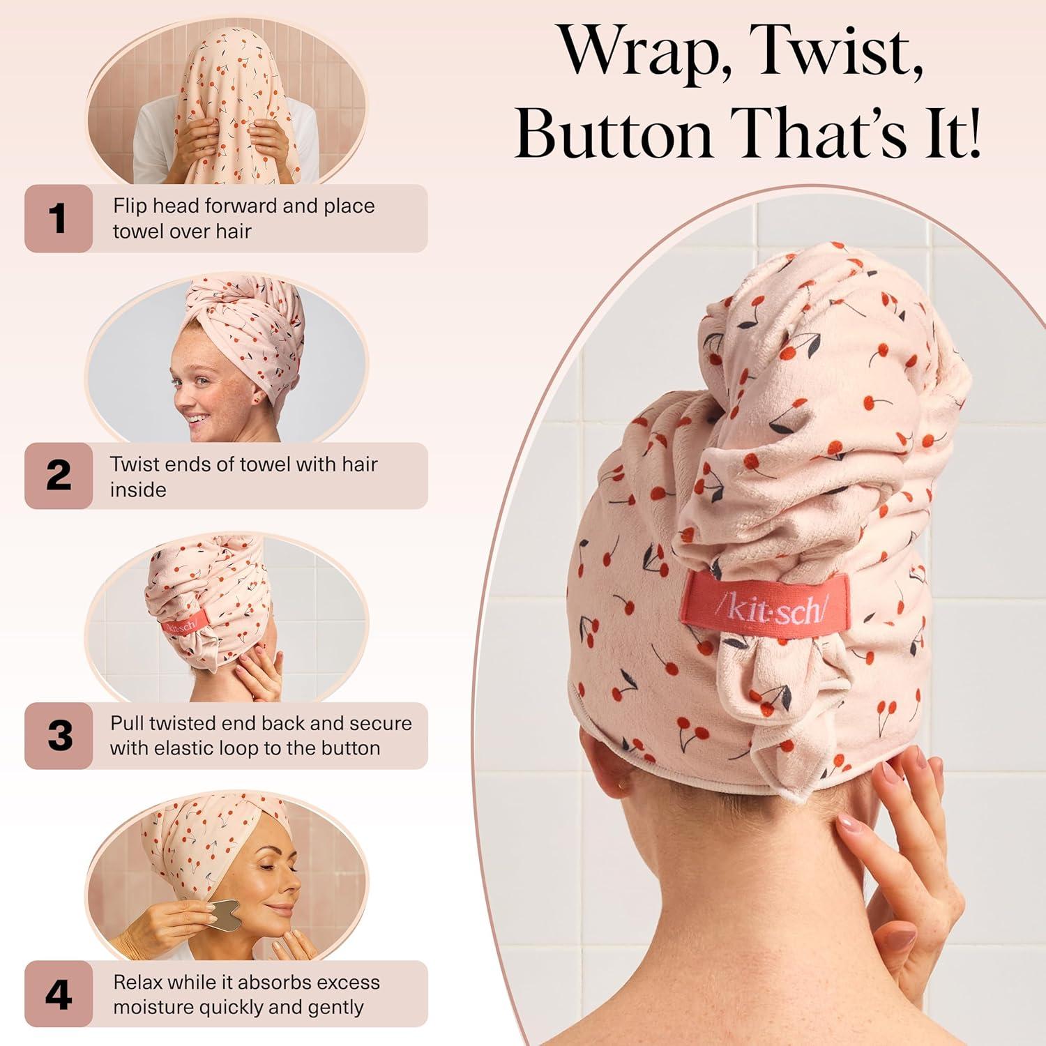 Kitsch XL Microfiber Hair Towel Wrap for Women – Ultra Absorbent Microfiber Towel for Wet, Curly, Long or Short Hair – Quick Dry, Anti-Frizz Hair Wrap – Cherry Print, 40x24 inches