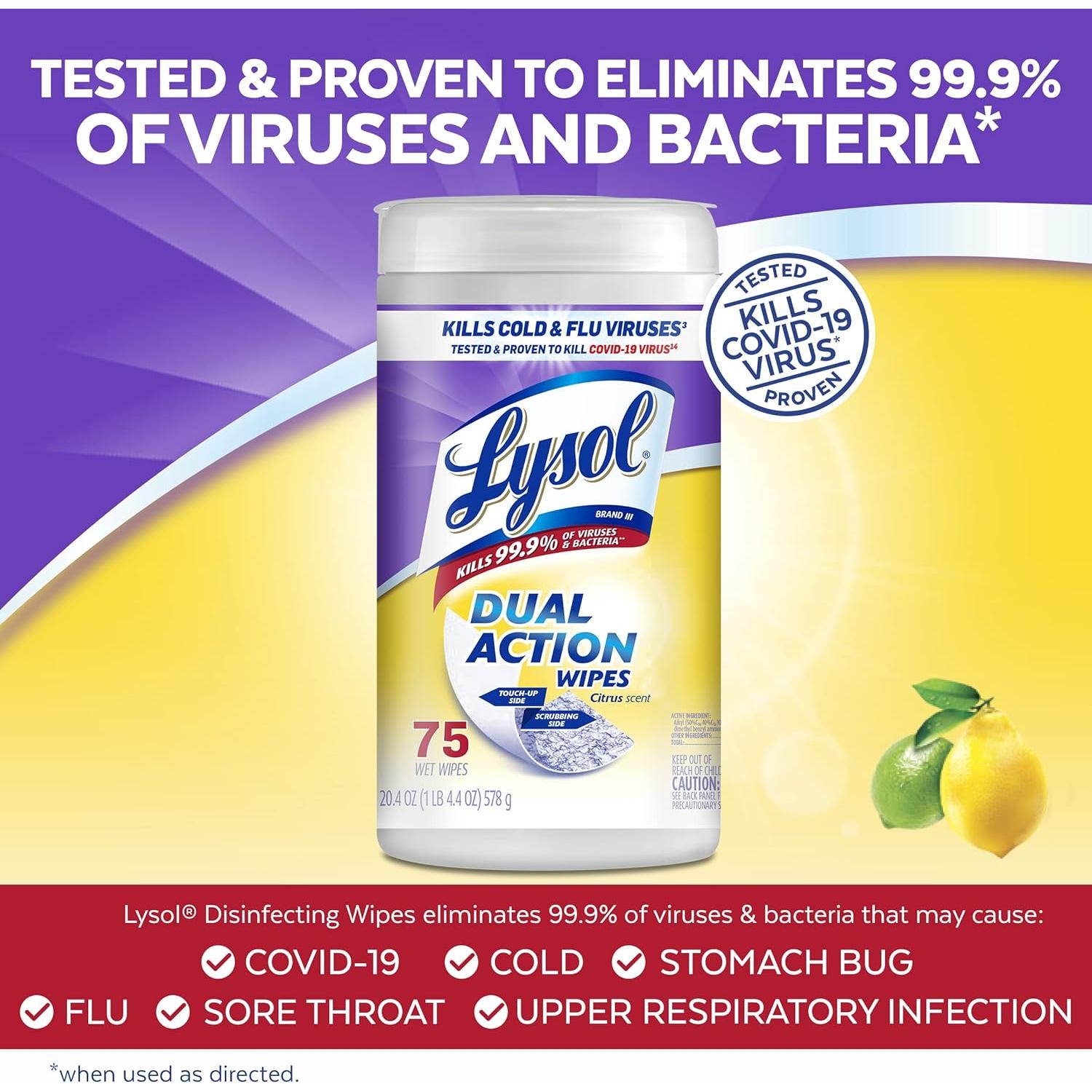 Lysol Dual Action Disinfectant Wipes, Multi-Surface Antibacterial Scrubbing Wipes, For Disinfecting and Cleaning, Citrus Scent, 75ct