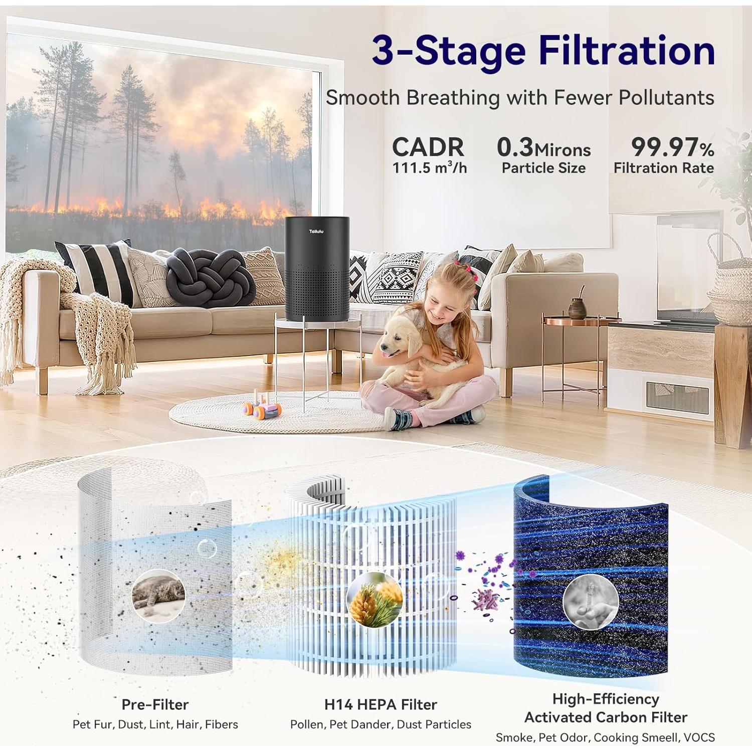 Purificador de Aire Tailulu AP052 HEPA H14 1200 ft² Silencioso