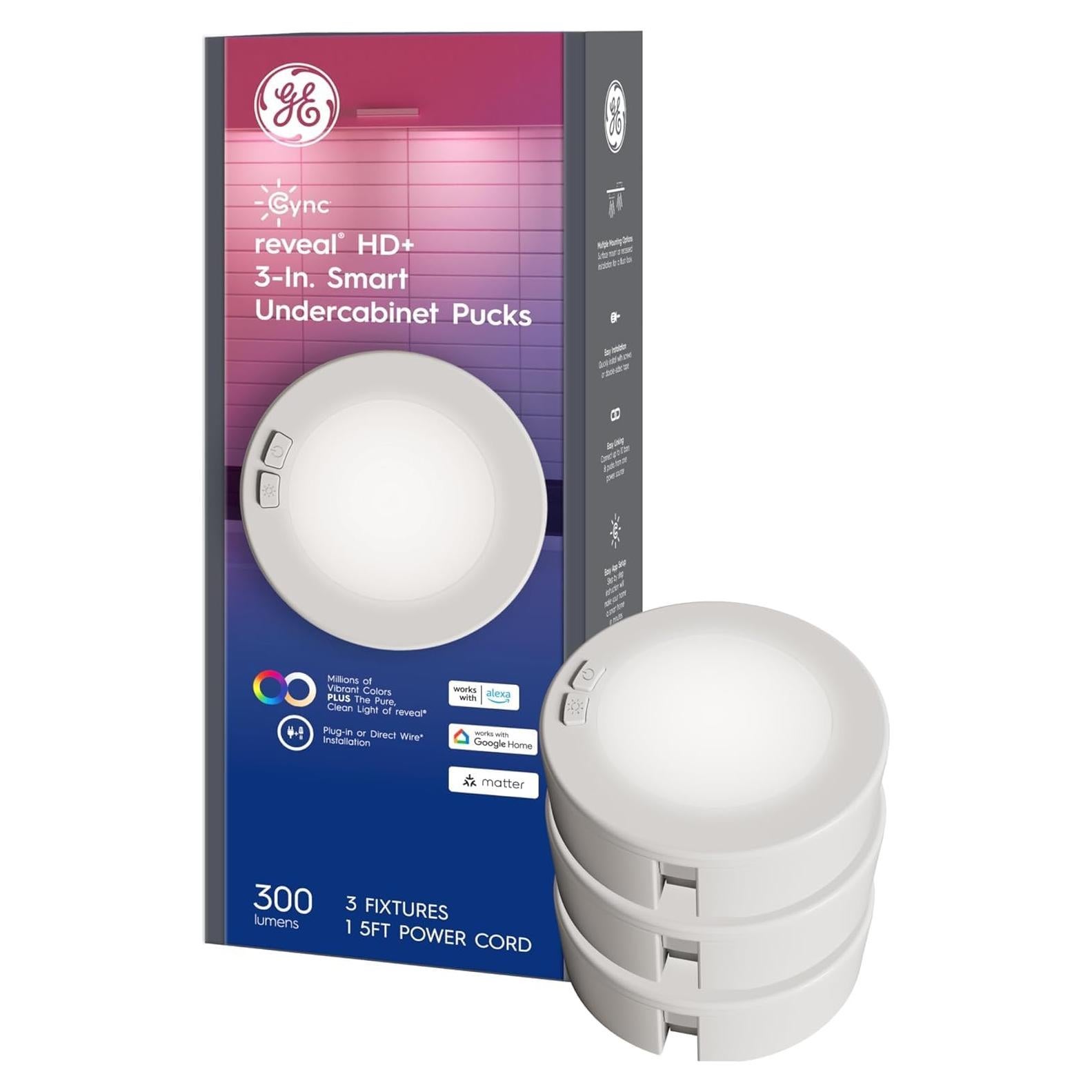 Luces Puck Inteligentes GE Cync Reveal HD+ 3" RGB (Paquete de 3)