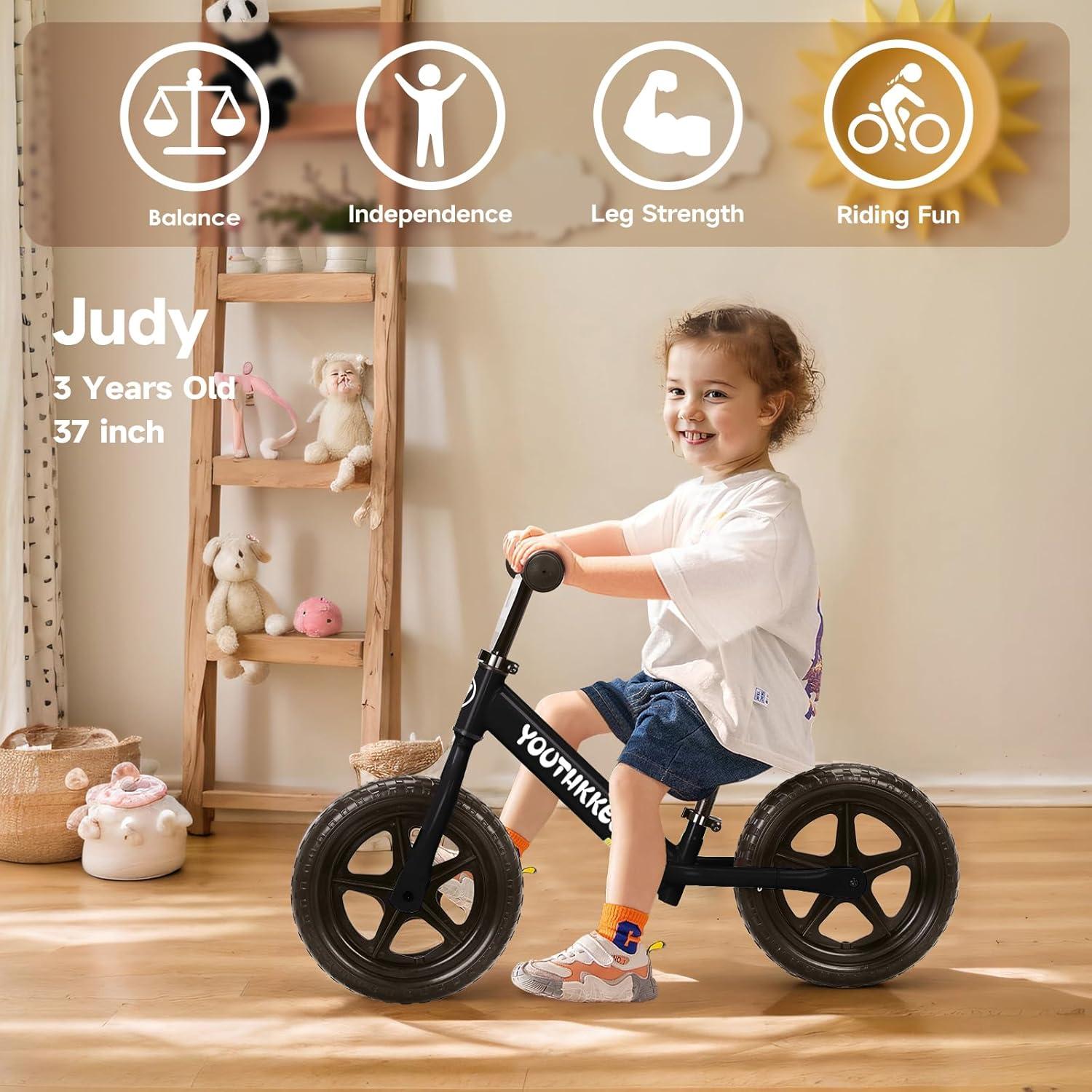 Bicicleta de Equilibrio Youthkkee 12" Negra para Niños 1-3 Años