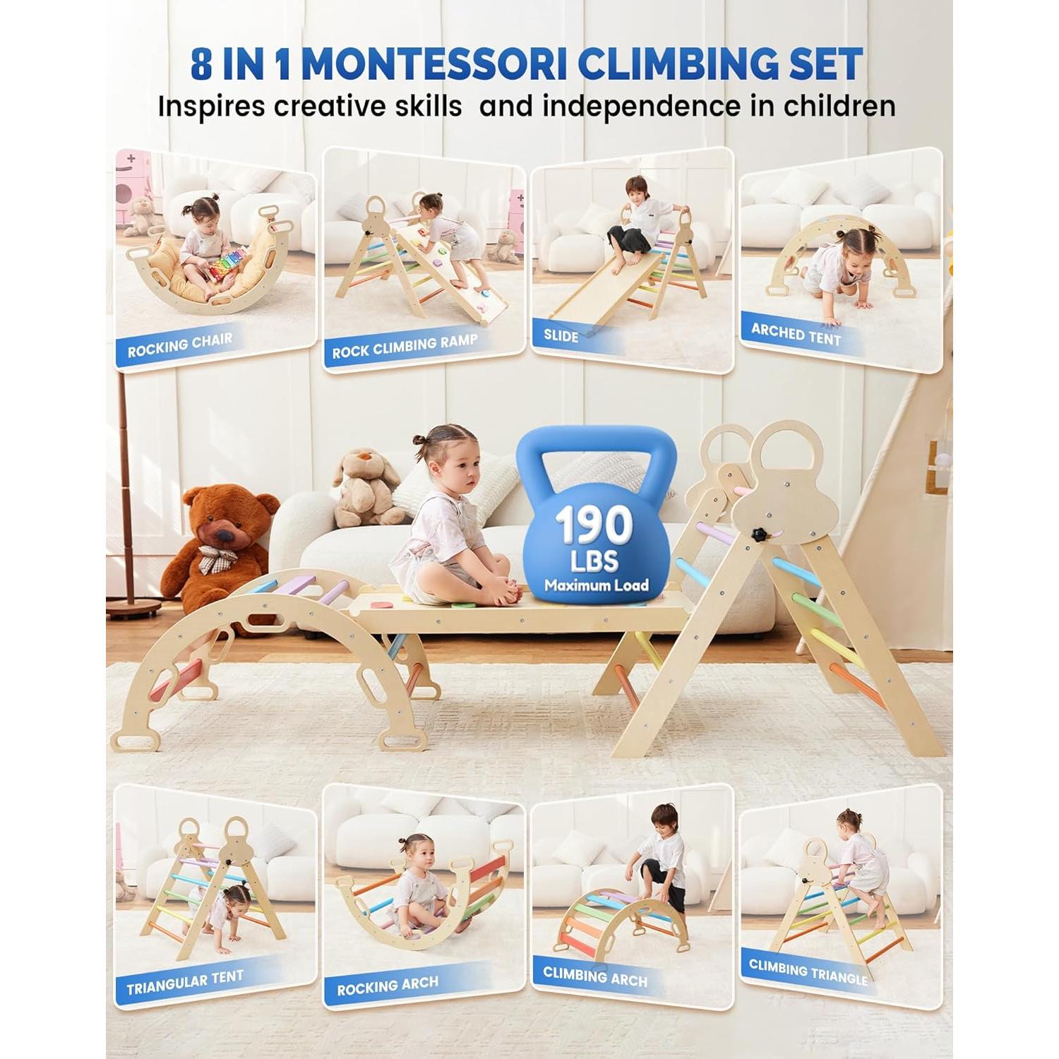 Conjunto Triángulo Pikler Saryocy 8 en 1 para Niños 1-6 Años