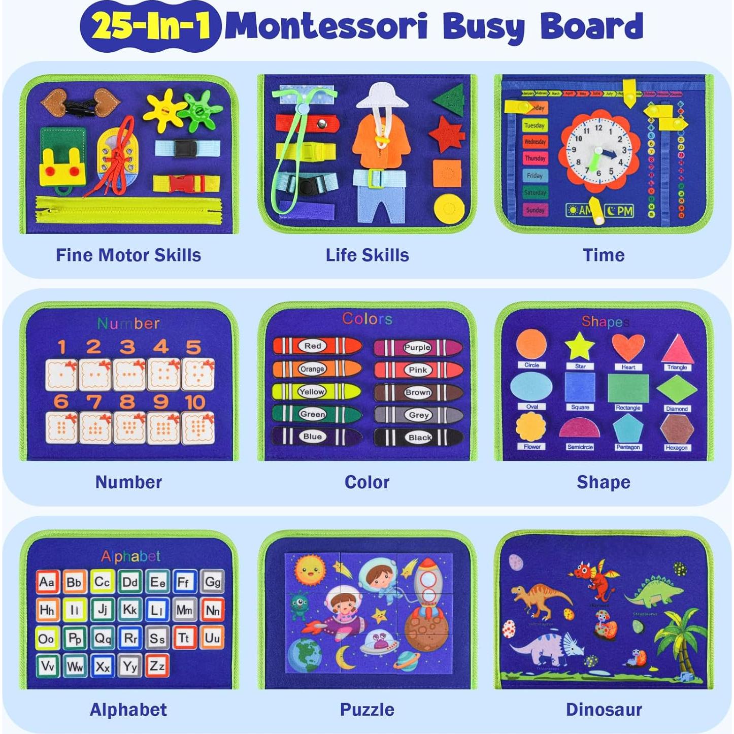 Libro Ocupado Sensorial Montessori Asten 25-en-1 Azul