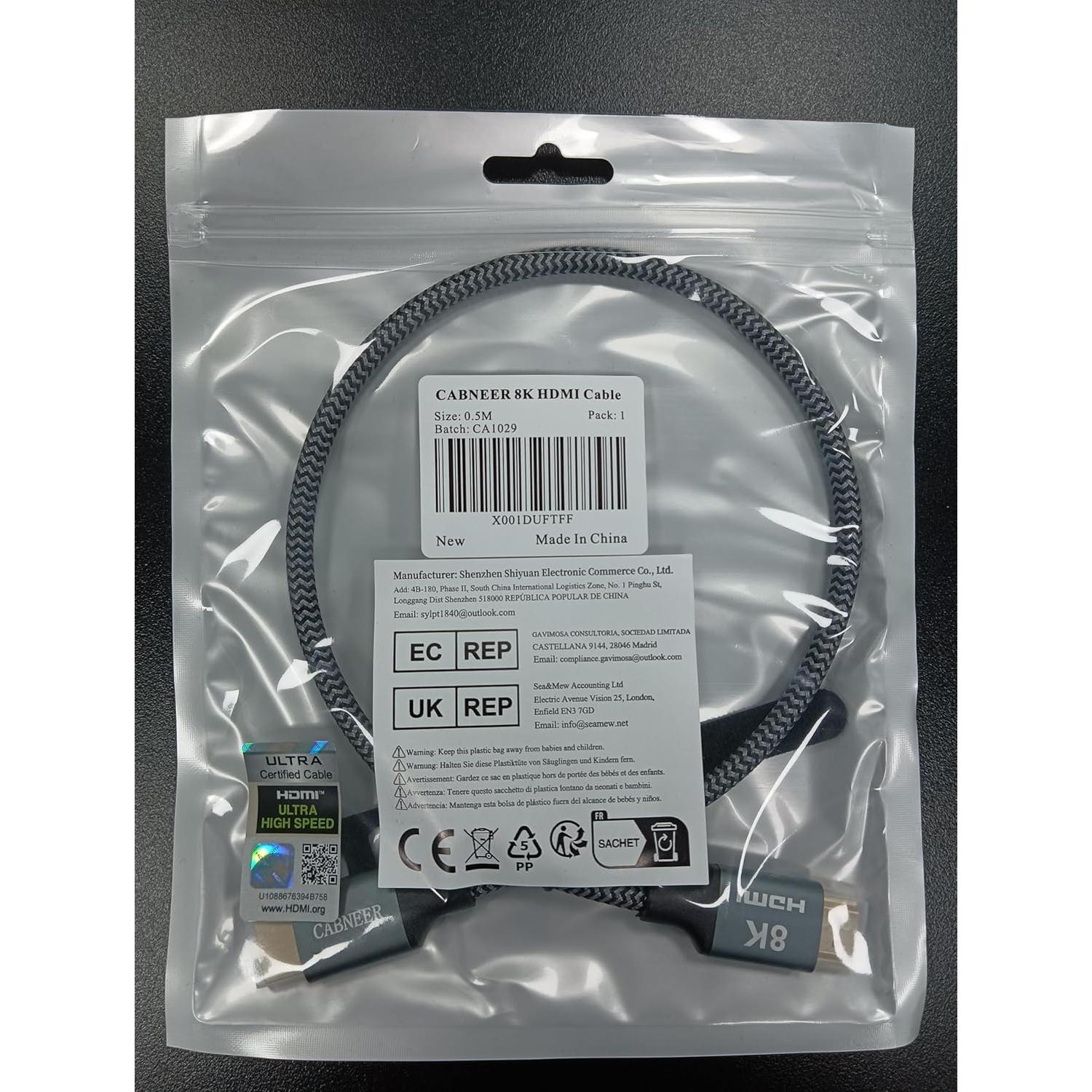 Cable HDMI 8K 0.3m CABNEER 2.1 Alta Velocidad 48Gbps