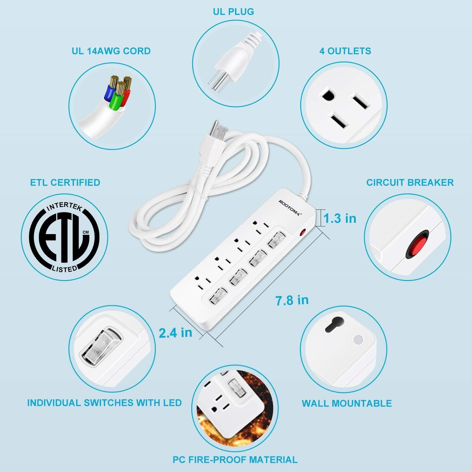 Cable de Extensión ROOTOMA 1.8m 4 Salidas AC con Interruptores