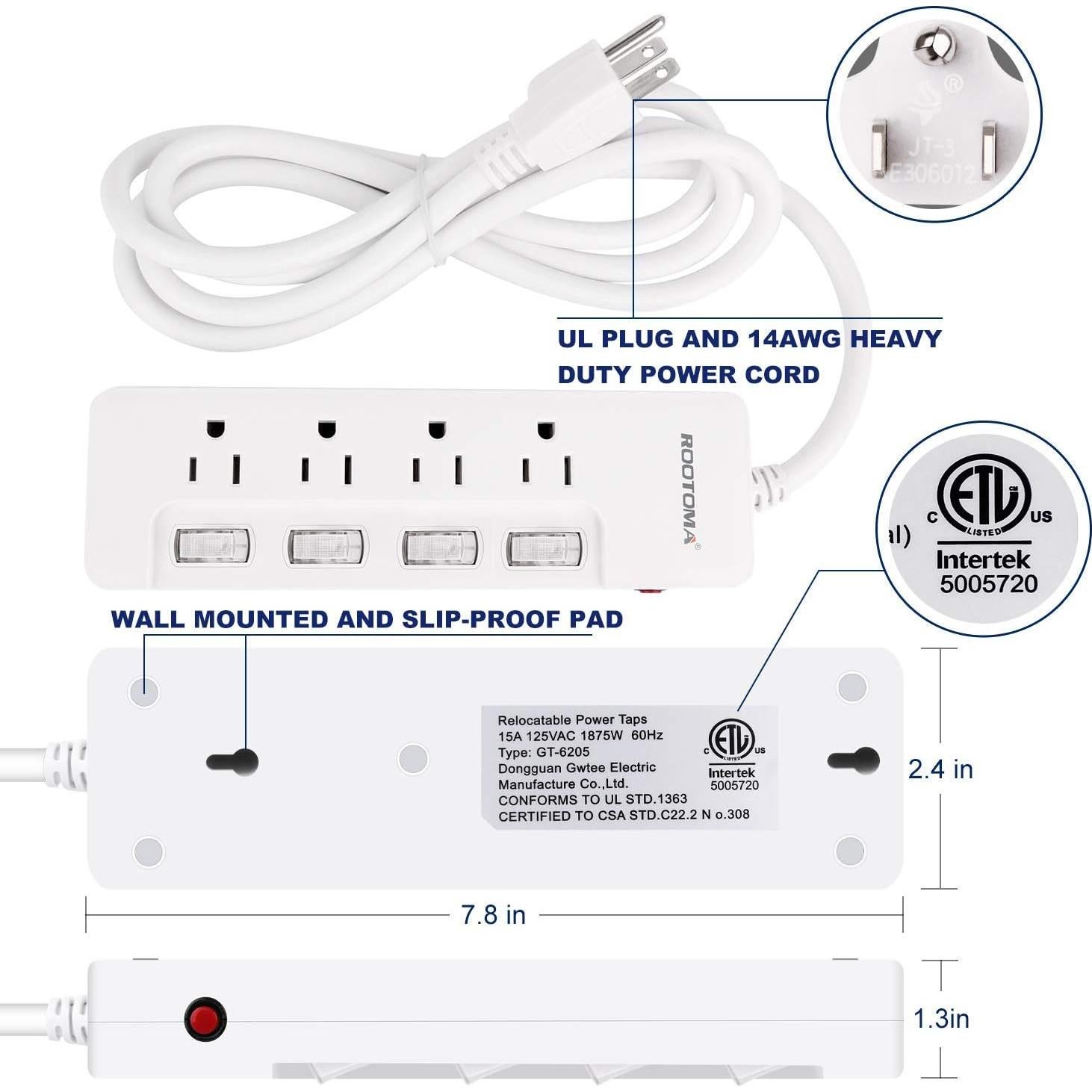 Cable de Extensión ROOTOMA 1.8m 4 Salidas AC con Interruptores