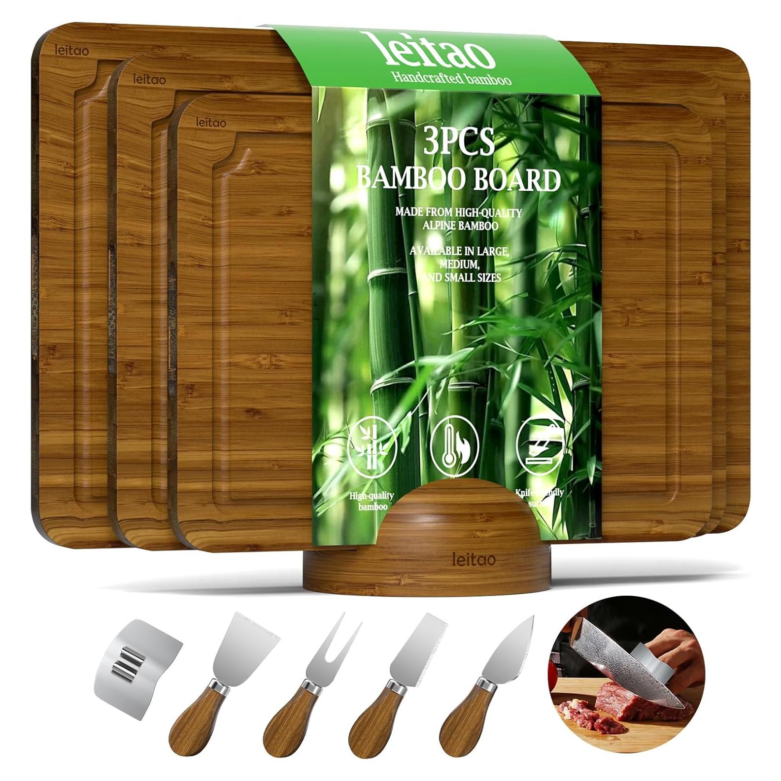 Juego de Tablas de Cortar de Bambú KEGDAN - 3 Piezas con Cuchillos