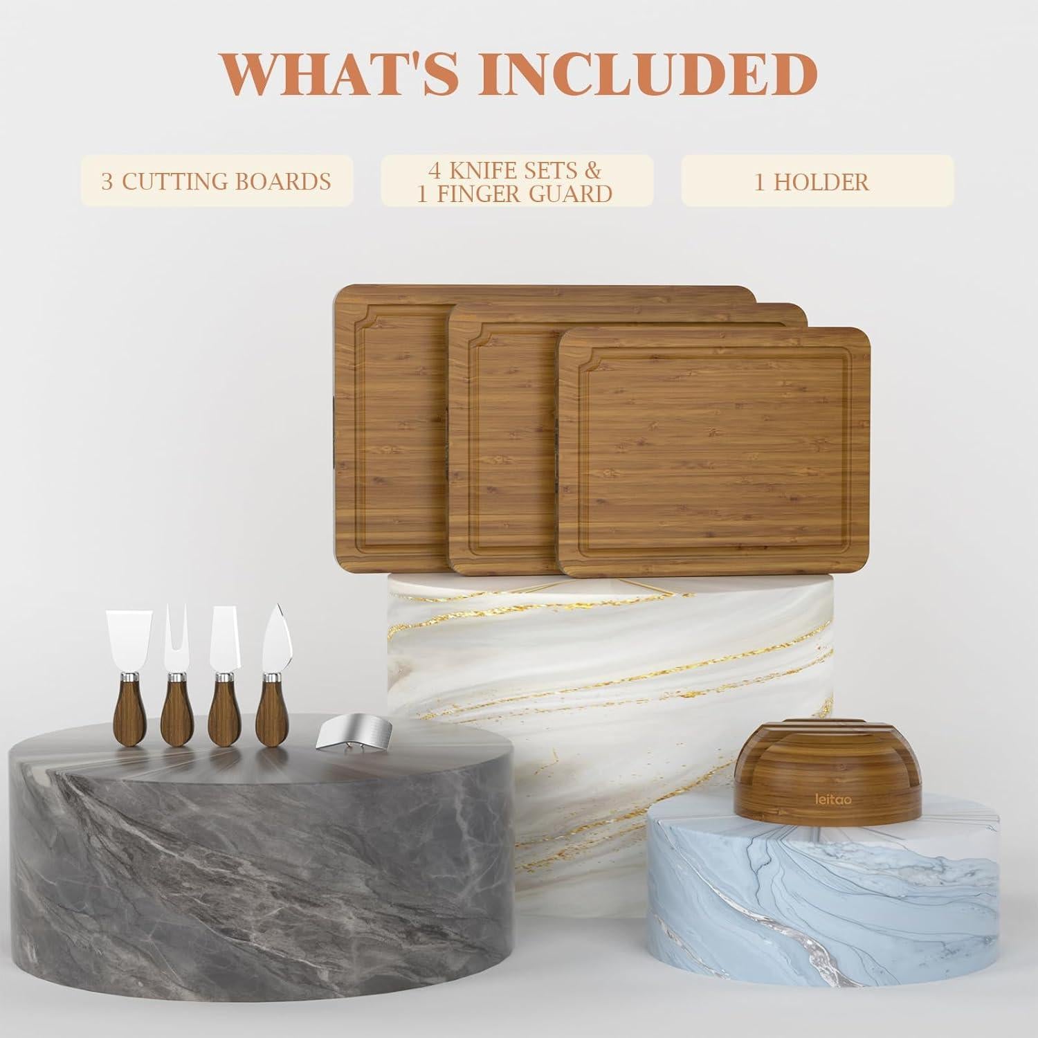 Juego de Tablas de Cortar de Bambú KEGDAN - 3 Piezas con Cuchillos