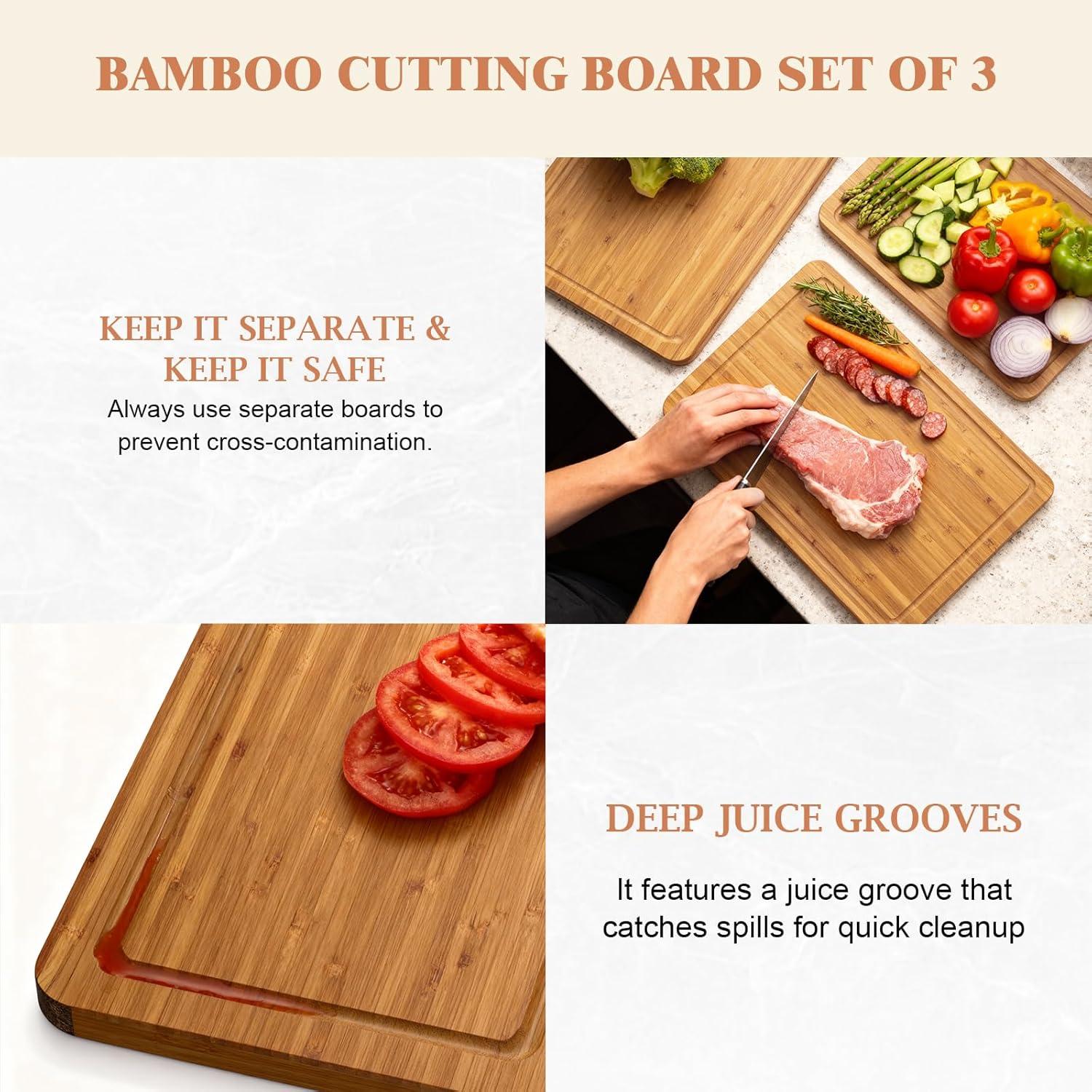 Juego de Tablas de Cortar de Bambú KEGDAN - 3 Piezas con Cuchillos