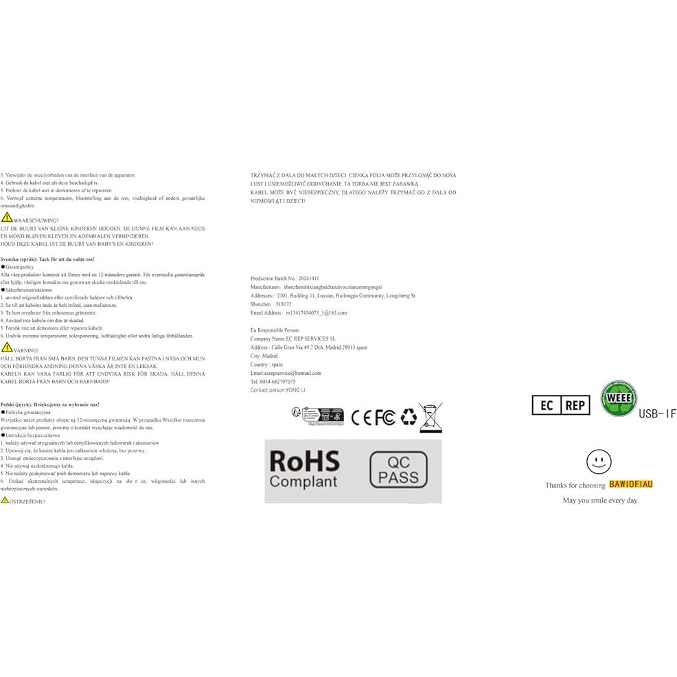 Cable USB-C a USB-C 0.24m BAWIOFIAU 20Gbps 4K 240W PD