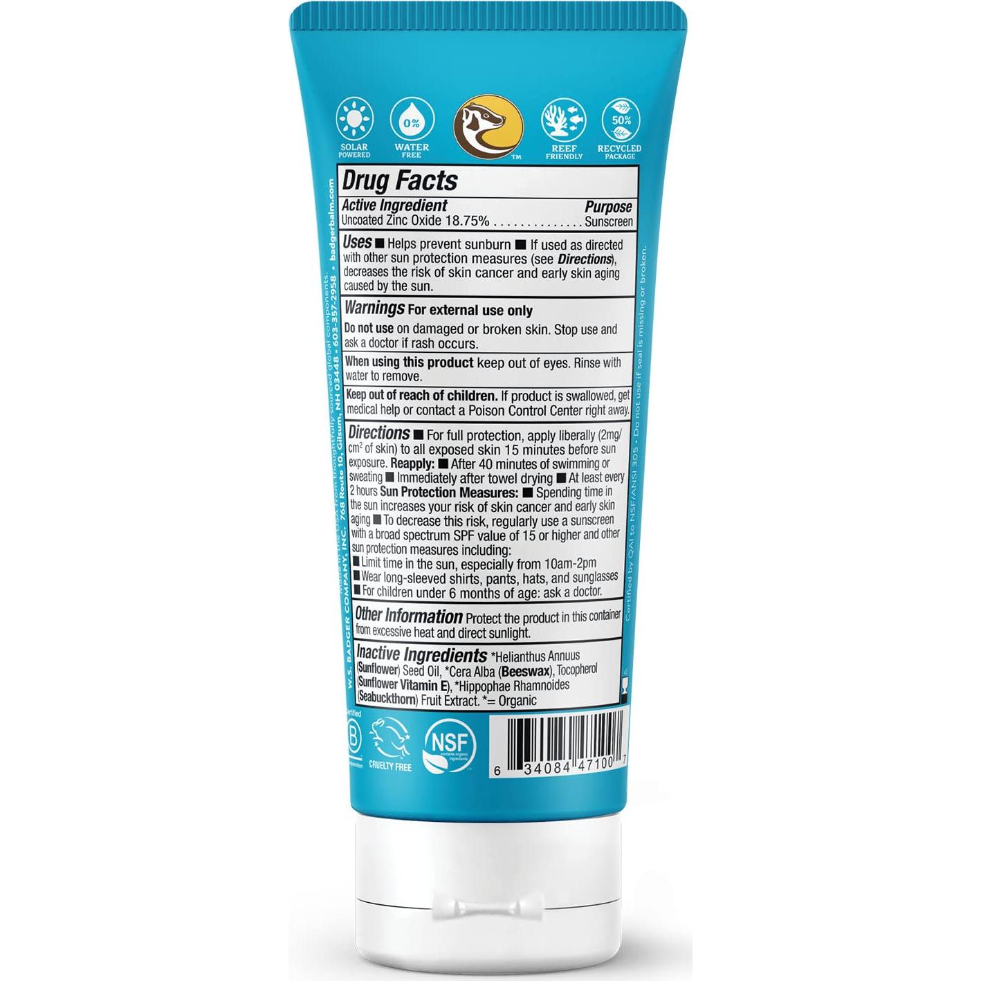 Crema Solar Mineral Badger SPF 30, 85.5 ml, Orgánica y Resistente al Agua