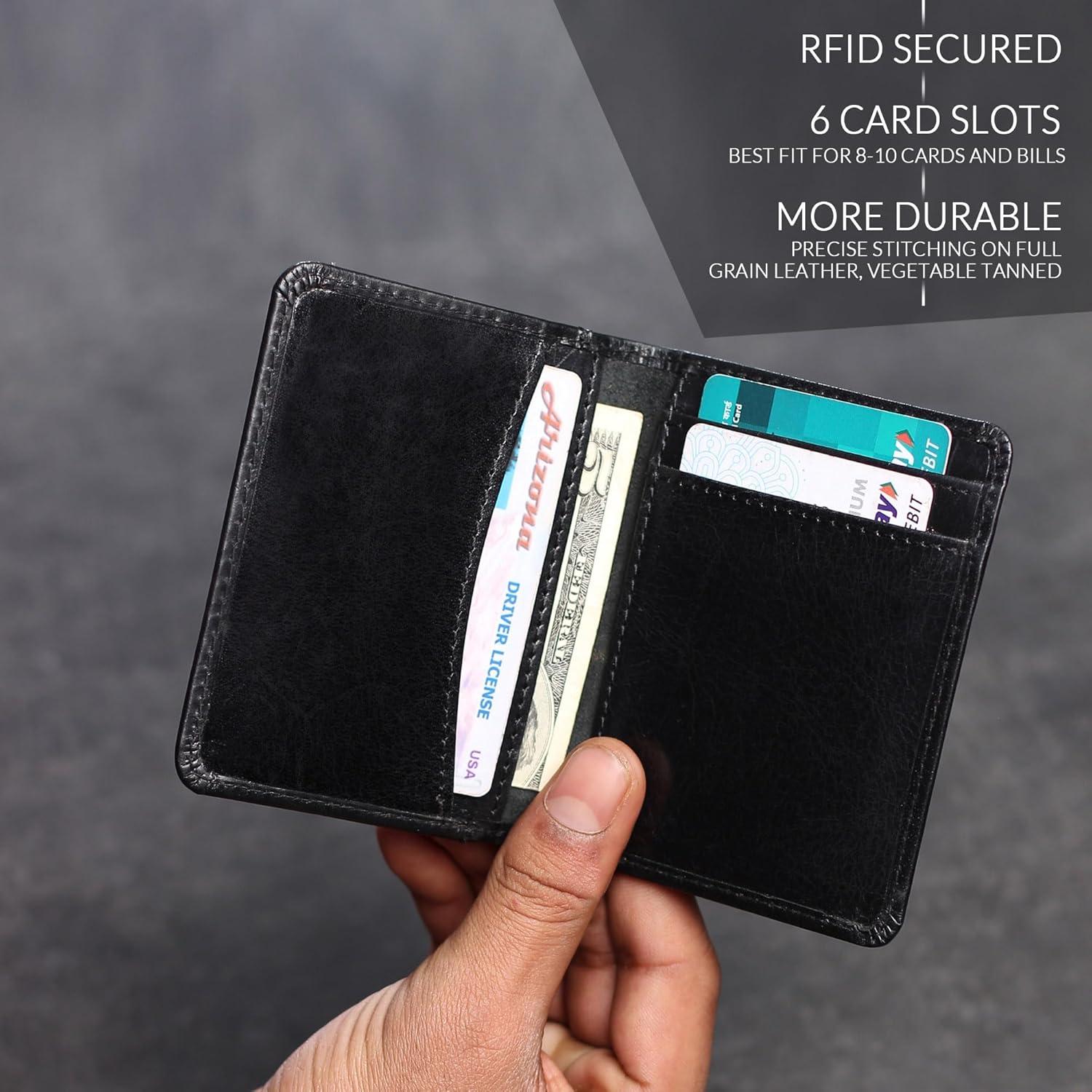 Billetera de cuero FOXHACKLE bifold delgada RFID negra