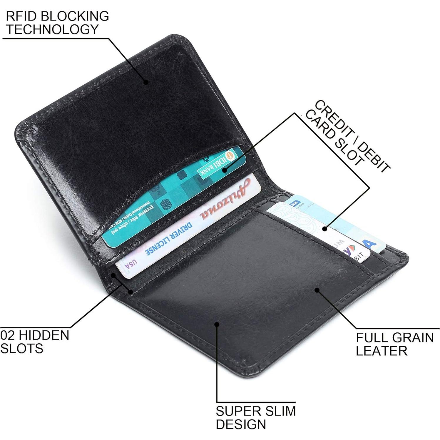 Billetera de cuero FOXHACKLE bifold delgada RFID negra