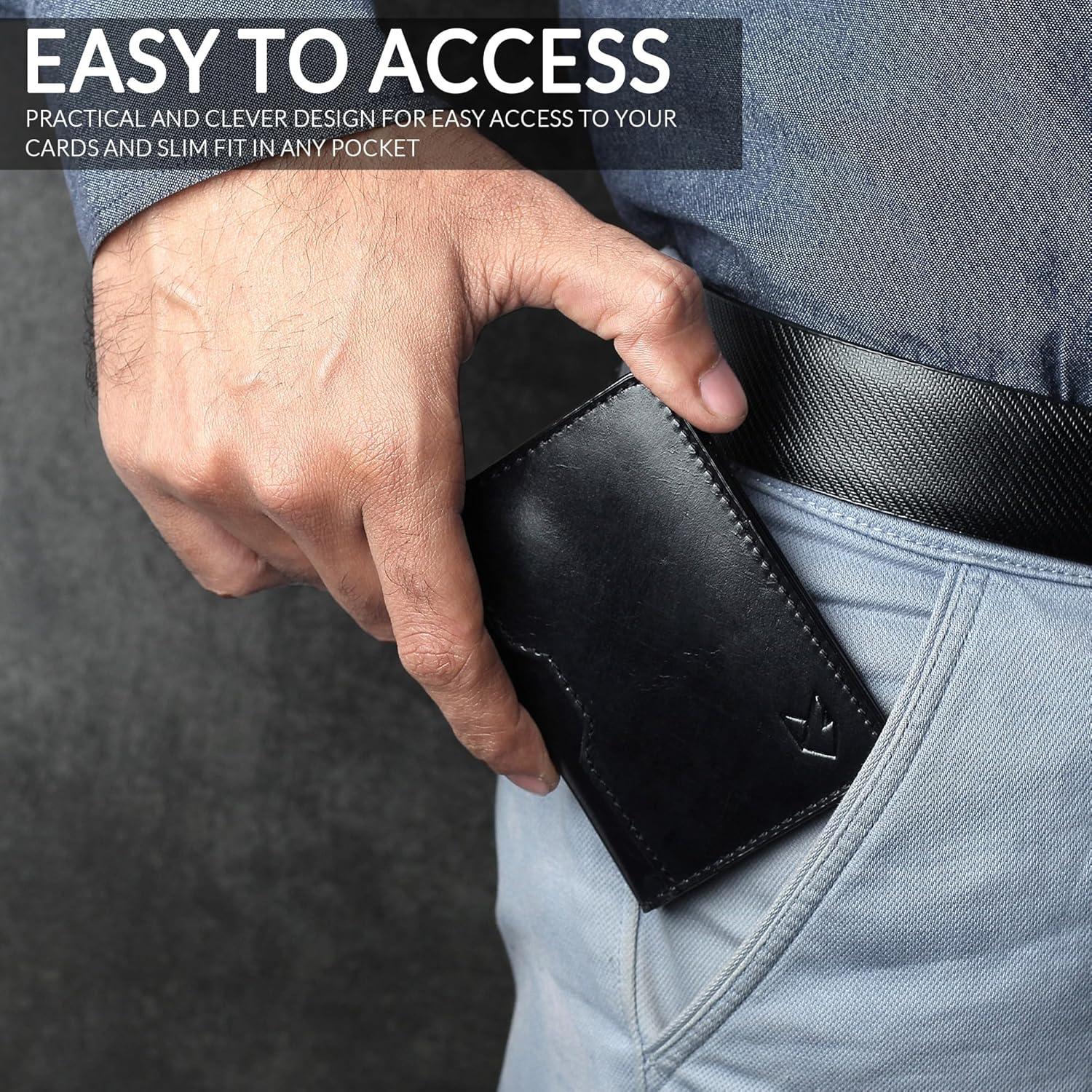 Billetera de cuero FOXHACKLE bifold delgada RFID negra