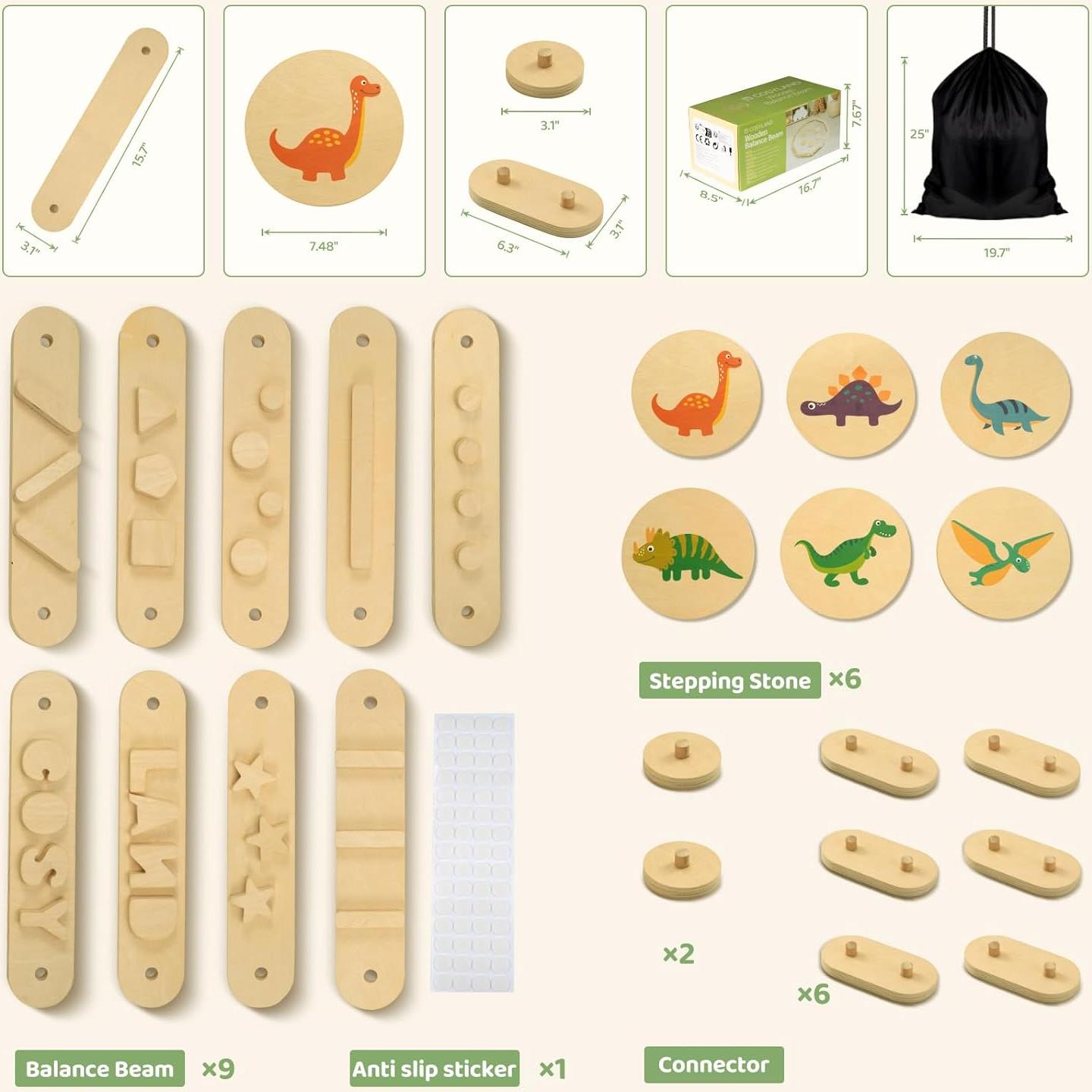 COSYLAND Wooden Balance Beam for Kids - 15 PCS Toddler Balance Beams and Stepping Stones - Sensory Balance Beam for Indoor Obstacle Course, Toys for Kids Age up 18 Months, Dinosaur