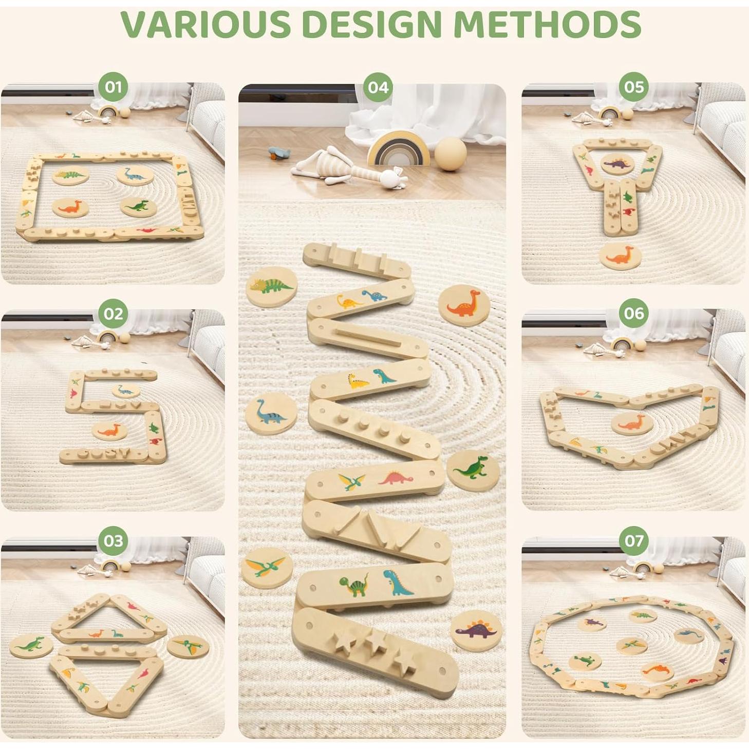 COSYLAND Wooden Balance Beam for Kids - 15 PCS Toddler Balance Beams and Stepping Stones - Sensory Balance Beam for Indoor Obstacle Course, Toys for Kids Age up 18 Months, Dinosaur