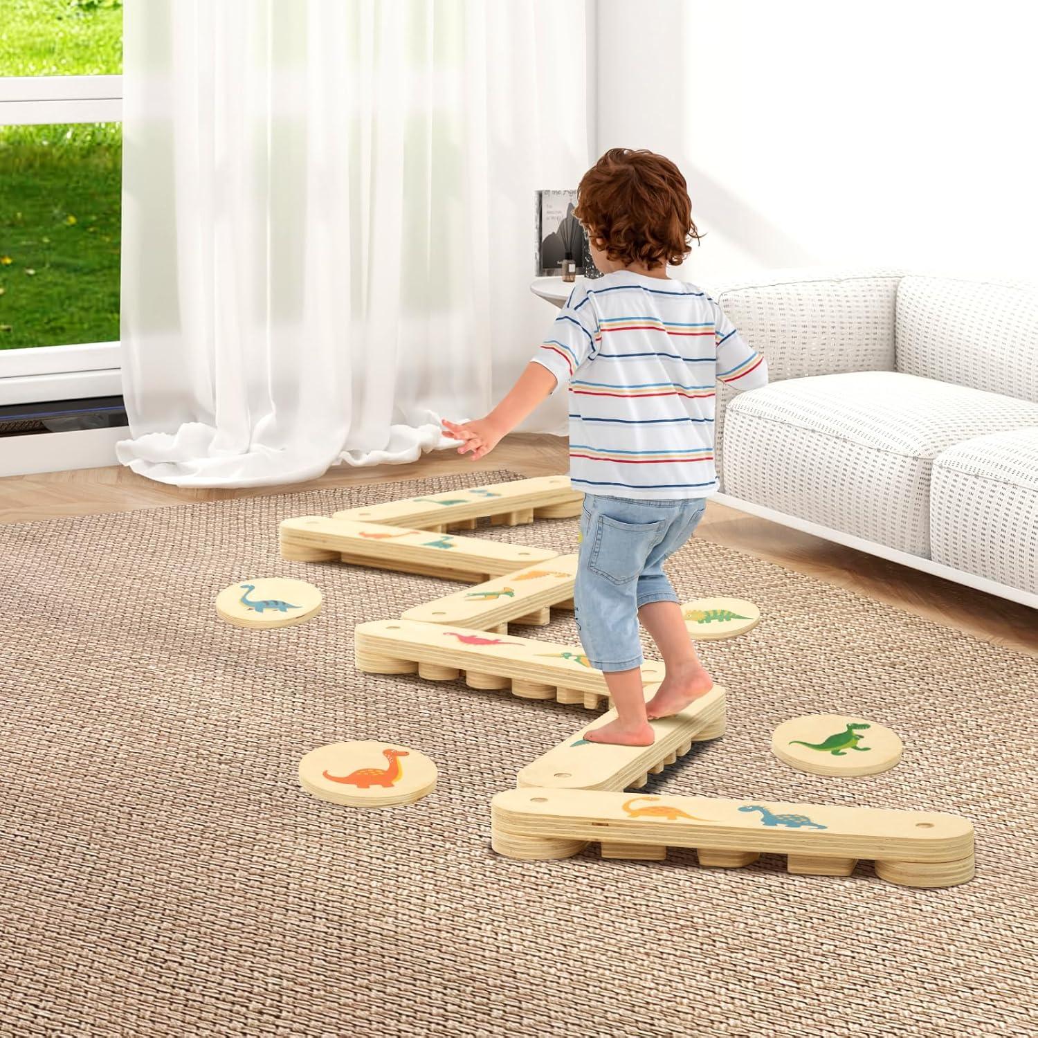 COSYLAND Wooden Balance Beam for Kids - 15 PCS Toddler Balance Beams and Stepping Stones - Sensory Balance Beam for Indoor Obstacle Course, Toys for Kids Age up 18 Months, Dinosaur