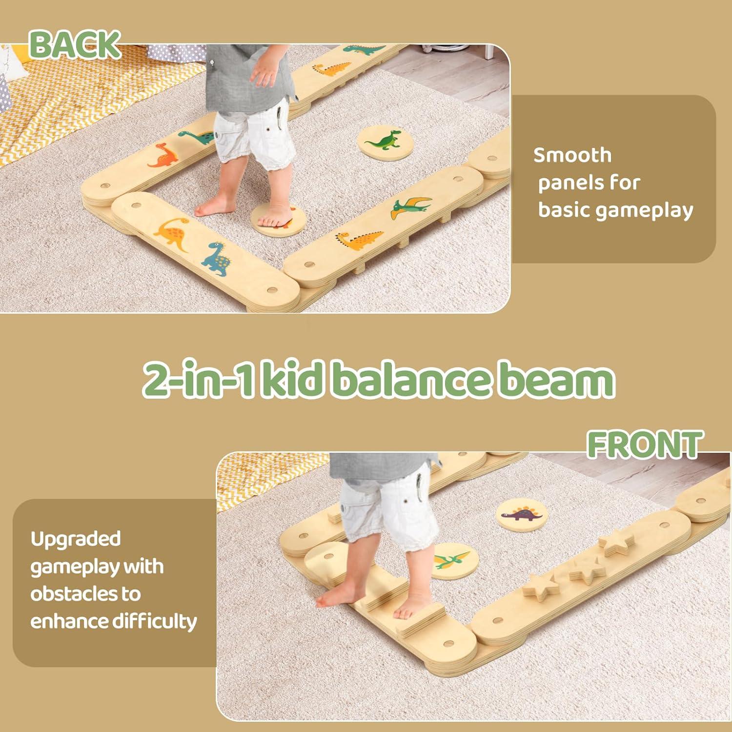 COSYLAND Wooden Balance Beam for Kids - 15 PCS Toddler Balance Beams and Stepping Stones - Sensory Balance Beam for Indoor Obstacle Course, Toys for Kids Age up 18 Months, Dinosaur