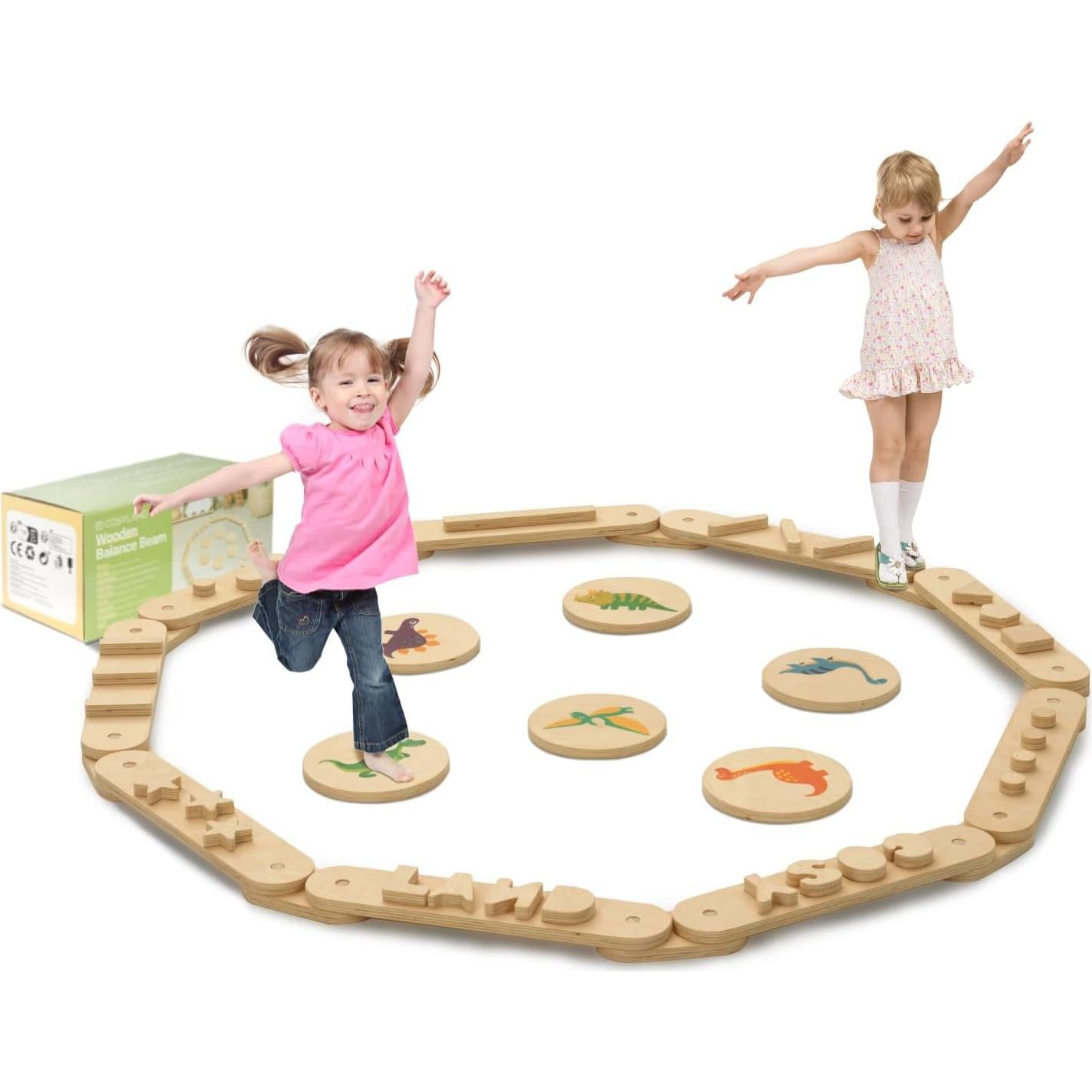 COSYLAND Wooden Balance Beam for Kids - 15 PCS Toddler Balance Beams and Stepping Stones - Sensory Balance Beam for Indoor Obstacle Course, Toys for Kids Age up 18 Months, Dinosaur