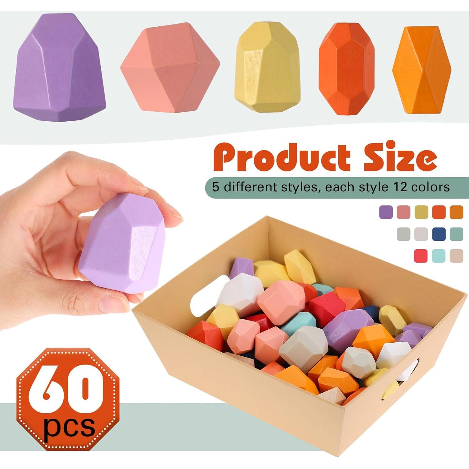 Juguetes Montessori Jenaai 60 Piezas Piedras de Madera Coloridas