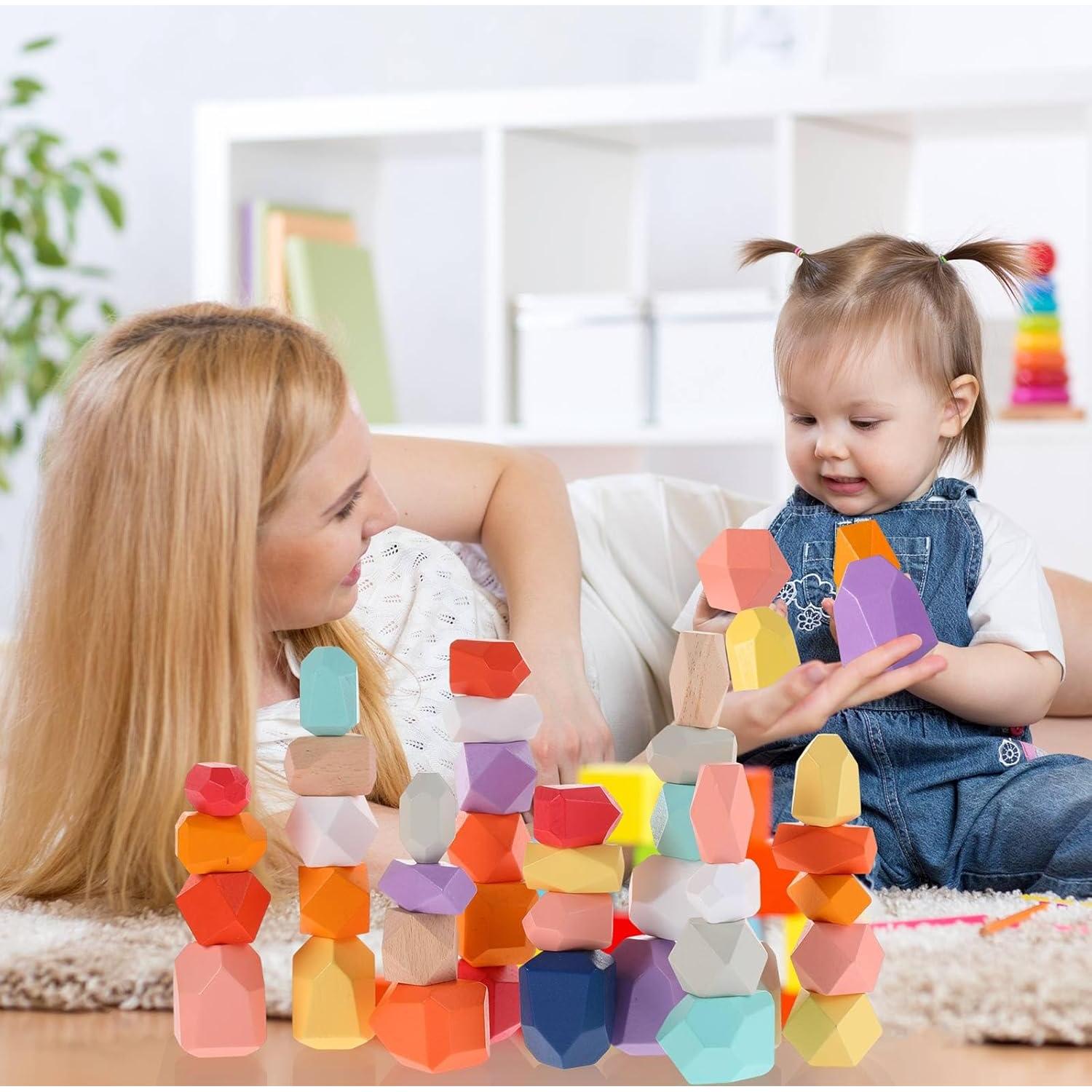 Juguetes Montessori Jenaai 60 Piezas Piedras de Madera Coloridas