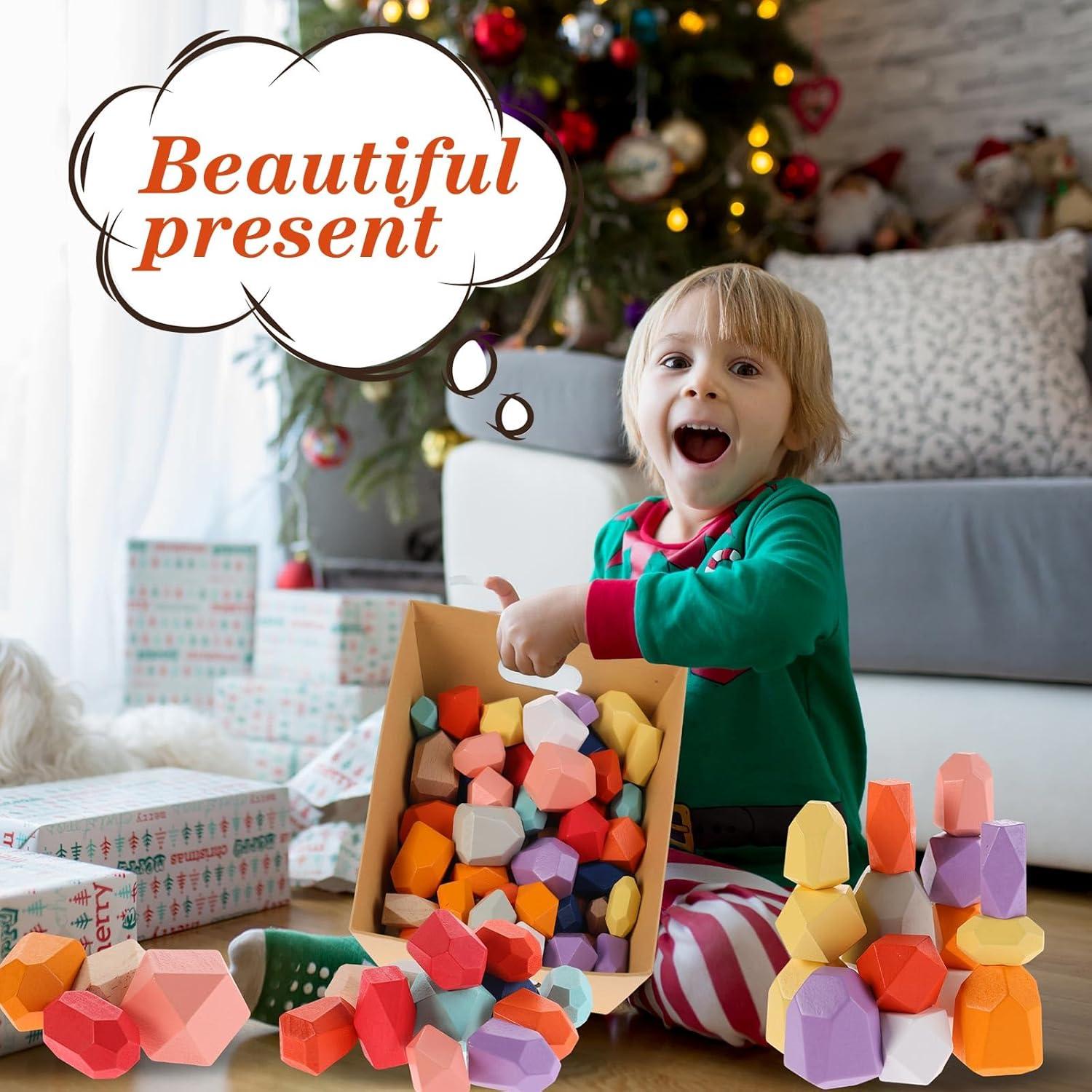 Juguetes Montessori Jenaai 60 Piezas Piedras de Madera Coloridas