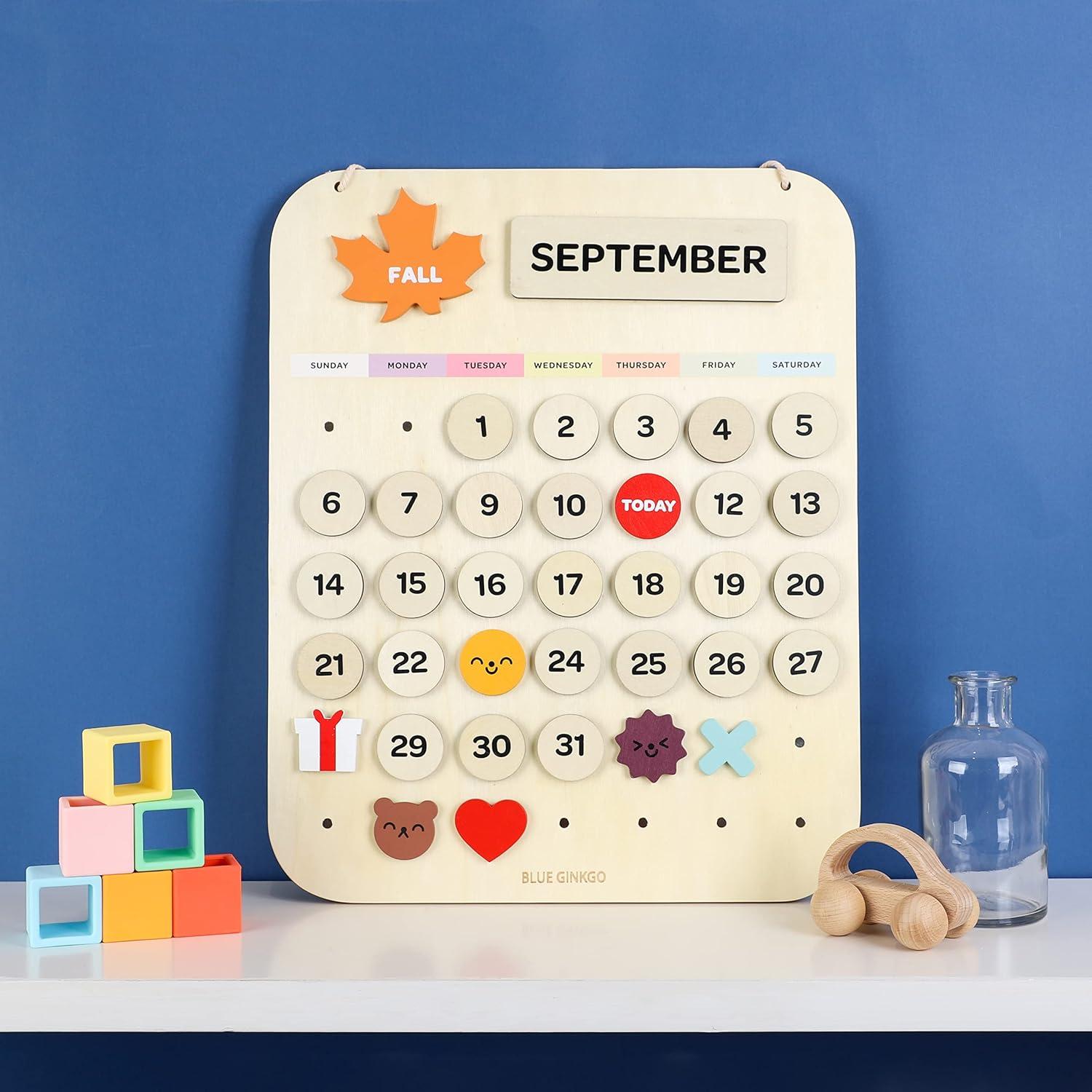Calendario Perpetuo de Madera Azul Ginkgo para Niños 39.37x31.75cm