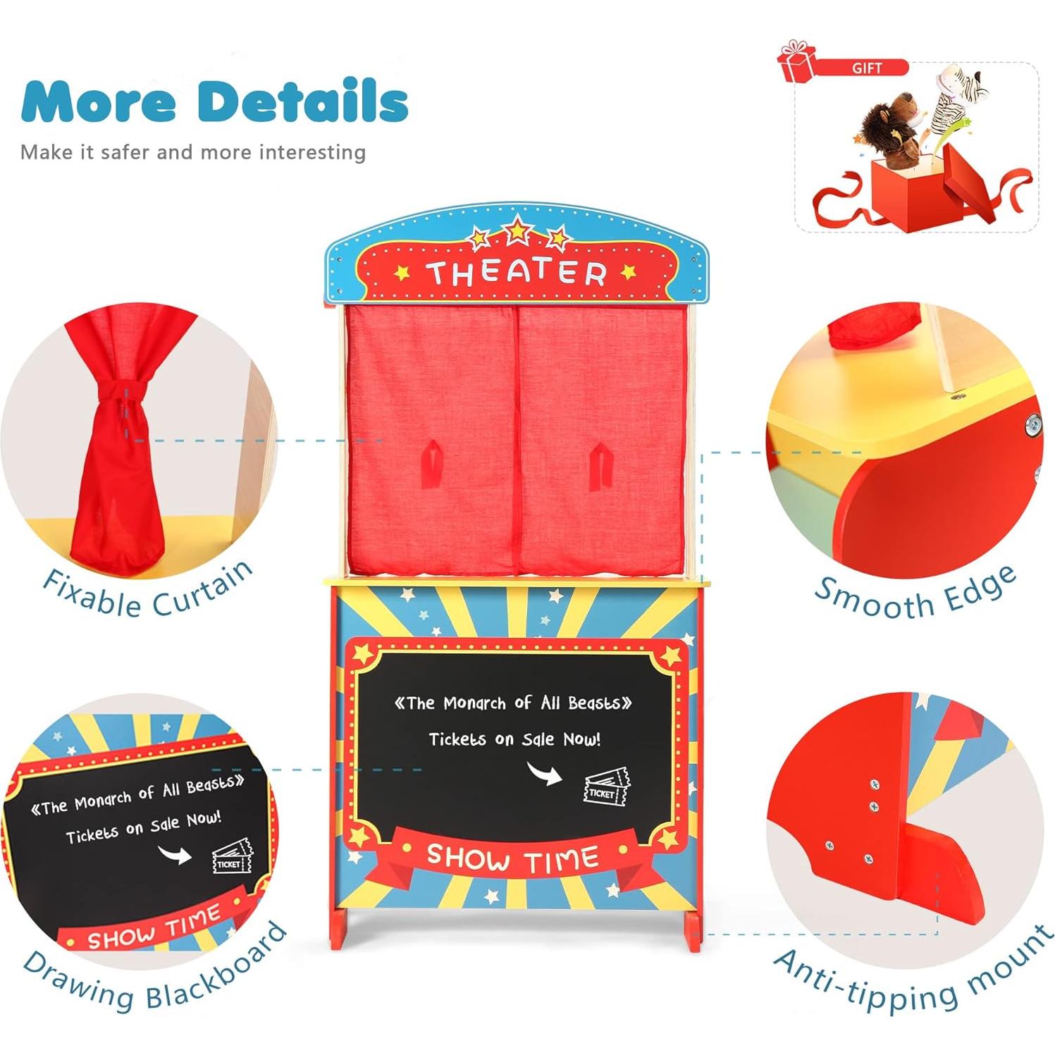 Teatro de Marionetas de Madera Rundad con 2 Marionetas y Puesto