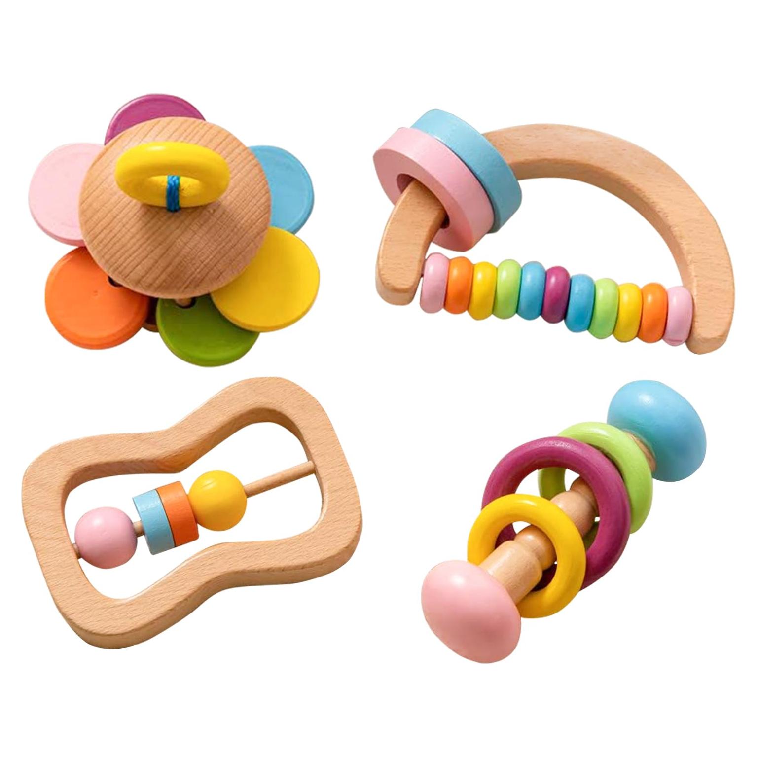Set de 4 Sonajeros de Madera TUOWITA para Bebés 0-12 Meses