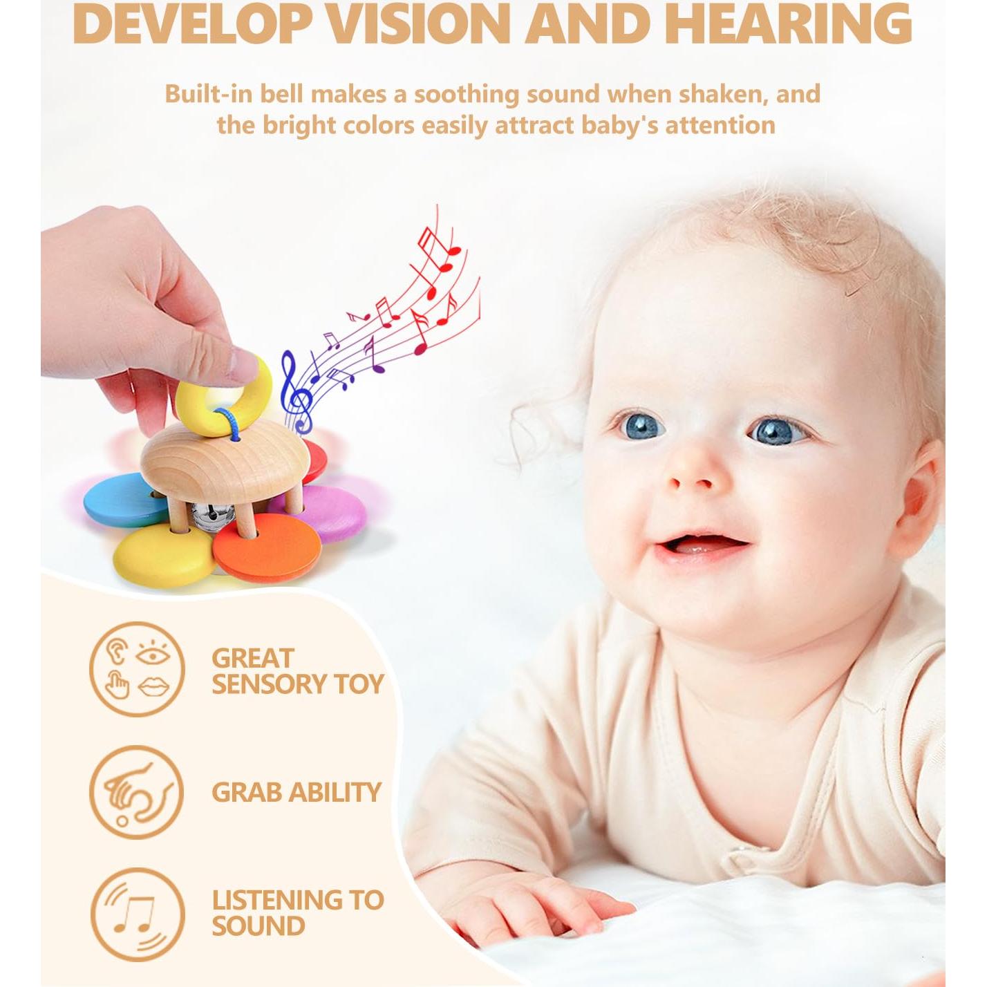 Set de 4 Sonajeros de Madera TUOWITA para Bebés 0-12 Meses