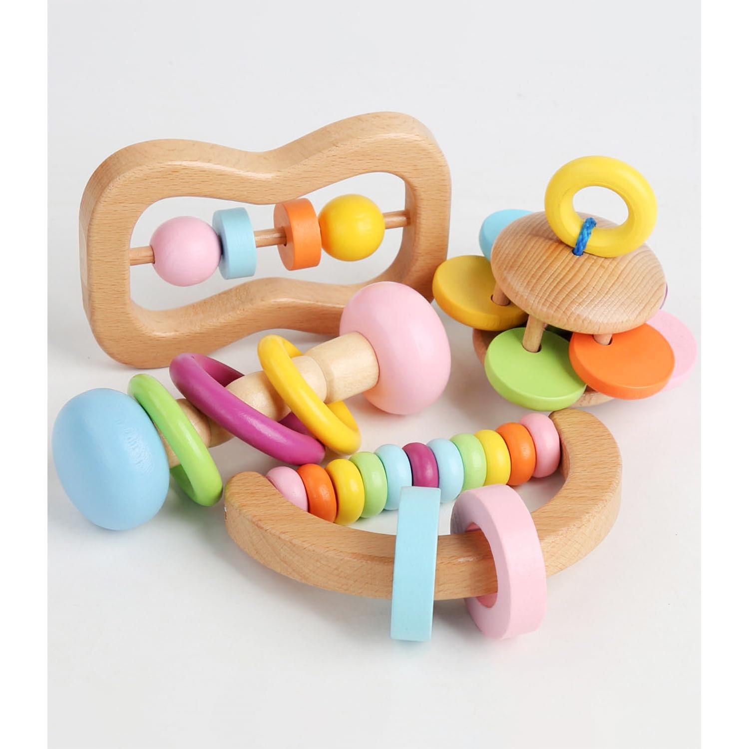 Set de 4 Sonajeros de Madera TUOWITA para Bebés 0-12 Meses