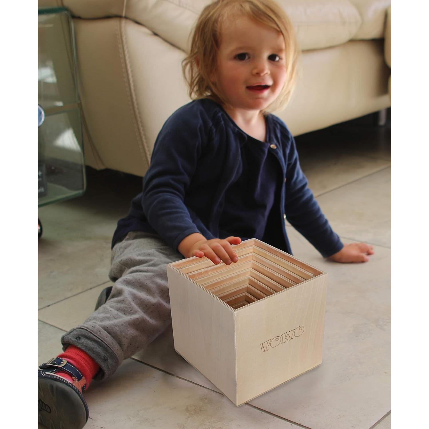 TOWO Wooden Stacking Boxes-Nesting and Sorting Cups Blocks for Toddlers-Stacking Cubes Educational Learning Toys for 2 Years Old Montessori Materials