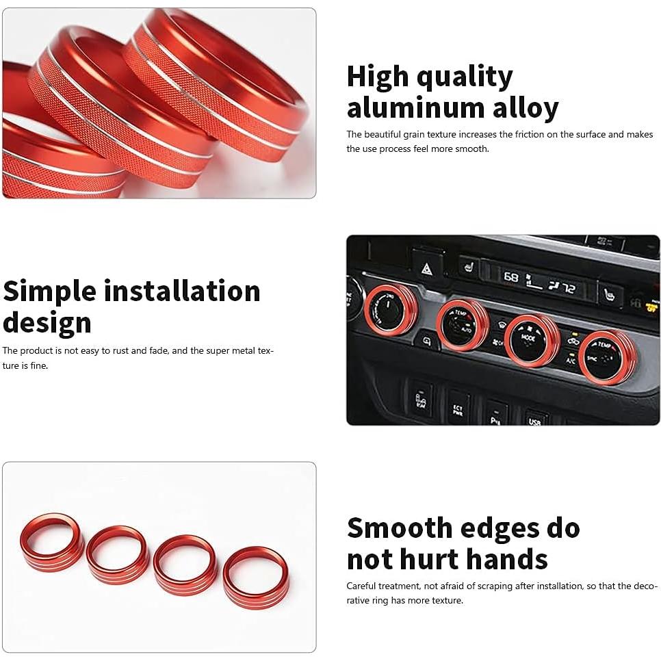 Cubiertas de Perilla de AC y Anillos de Ventilación Auovo para Toyota Tacoma 2016-2023 - 8 Piezas (Rojo)