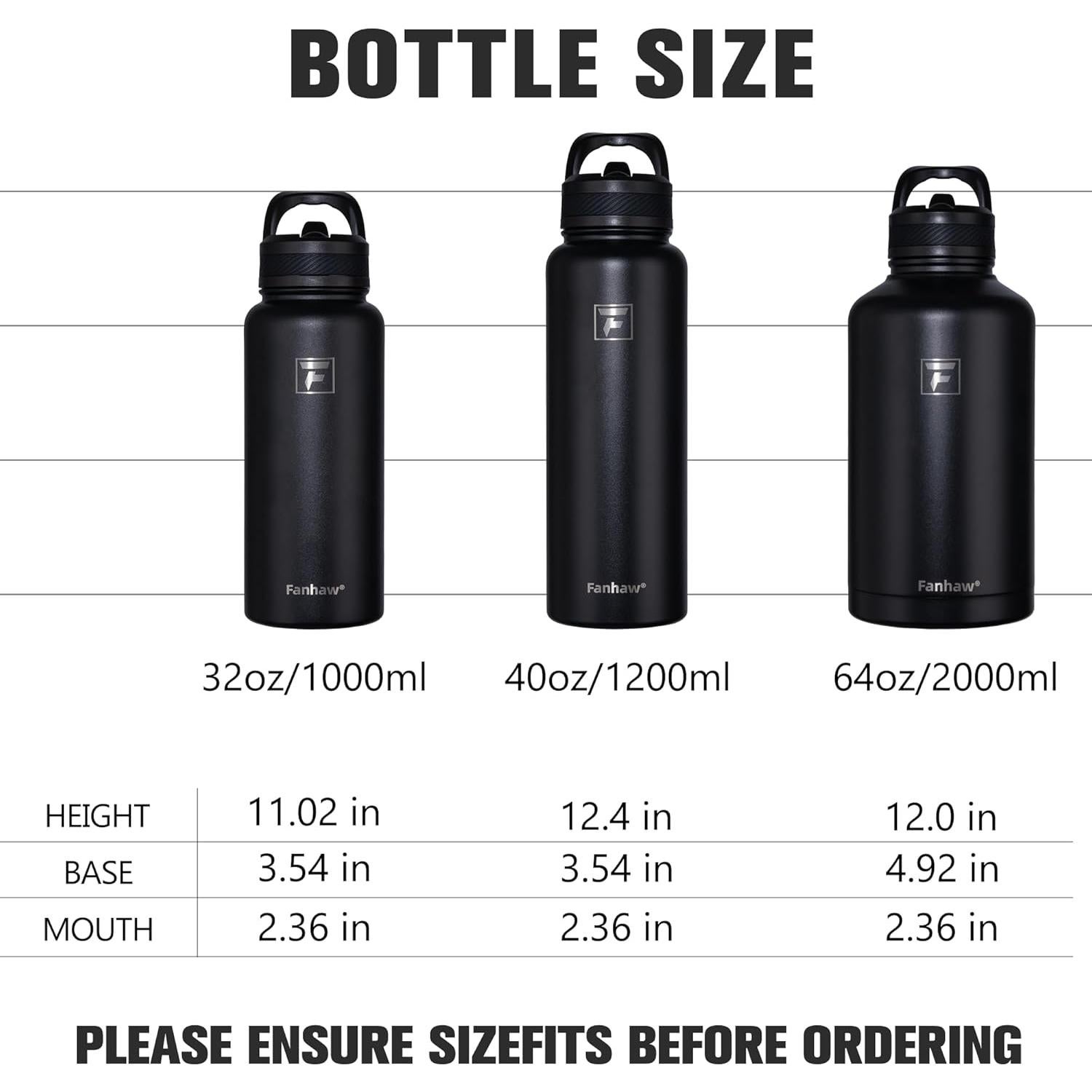 Botella de Agua Aislada Fanhaw 32 oz Acero Inoxidable Negro