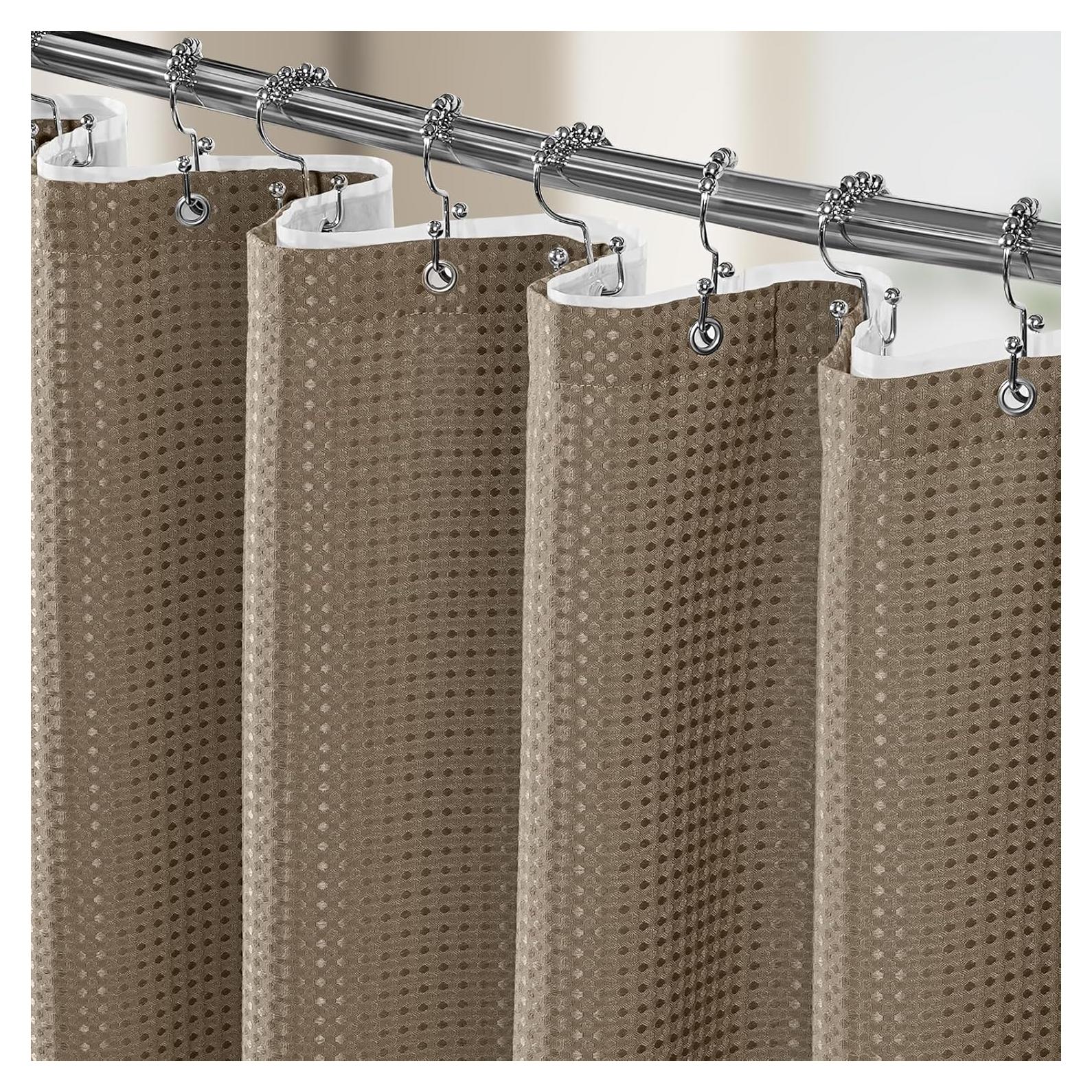 3 in 1 Shower Curtain Set, Waffle Shower Curtain and Liner Set with 12 Double Sided Shower Curtain Hooks, 258GSM Luxury Weighted Cloth Shower Curtains for Bathroom, 72 W x 72 H, Beige