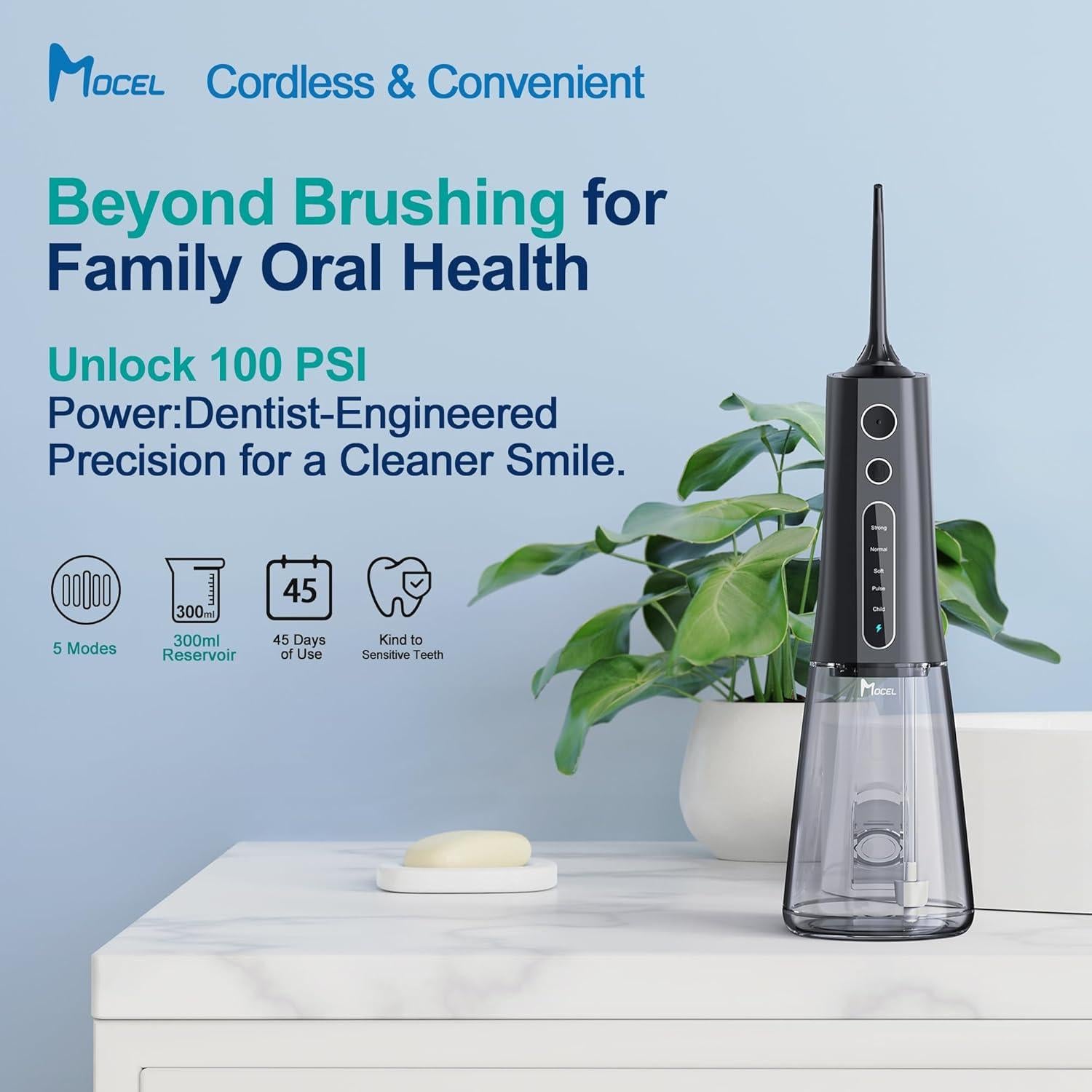 Irrigador Oral Inalámbrico MOCEL 300ML 5 Modos Pantalla LED