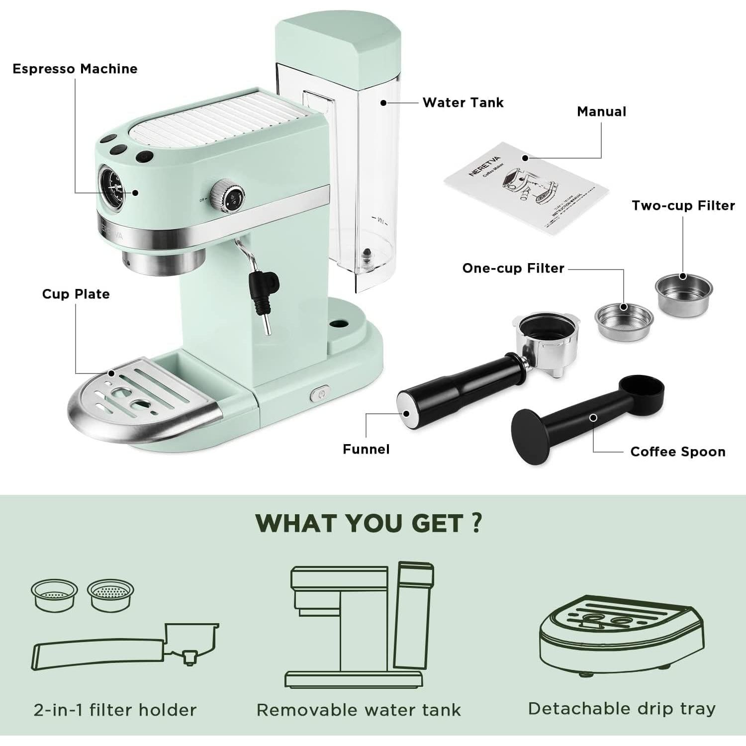 Máquina de Café Espresso Neretva 20 Bar Verde 1350W con Varita de Vapor