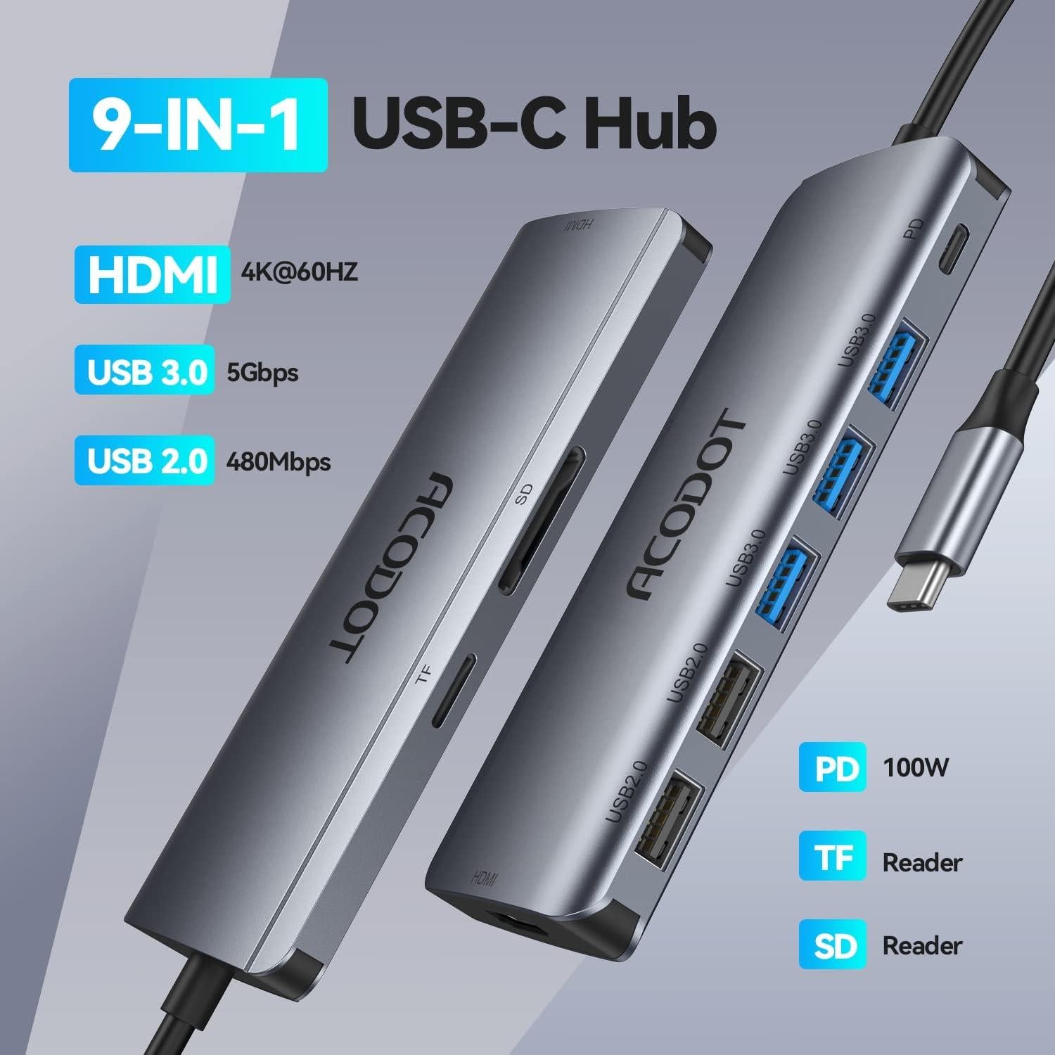 Hub USB C Acodot 9 en 1 HDMI 4K 3 USB 3.0 Lector SD