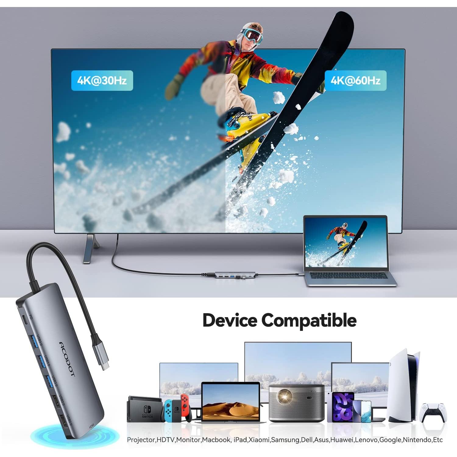 Hub USB C Acodot 9 en 1 HDMI 4K 3 USB 3.0 Lector SD