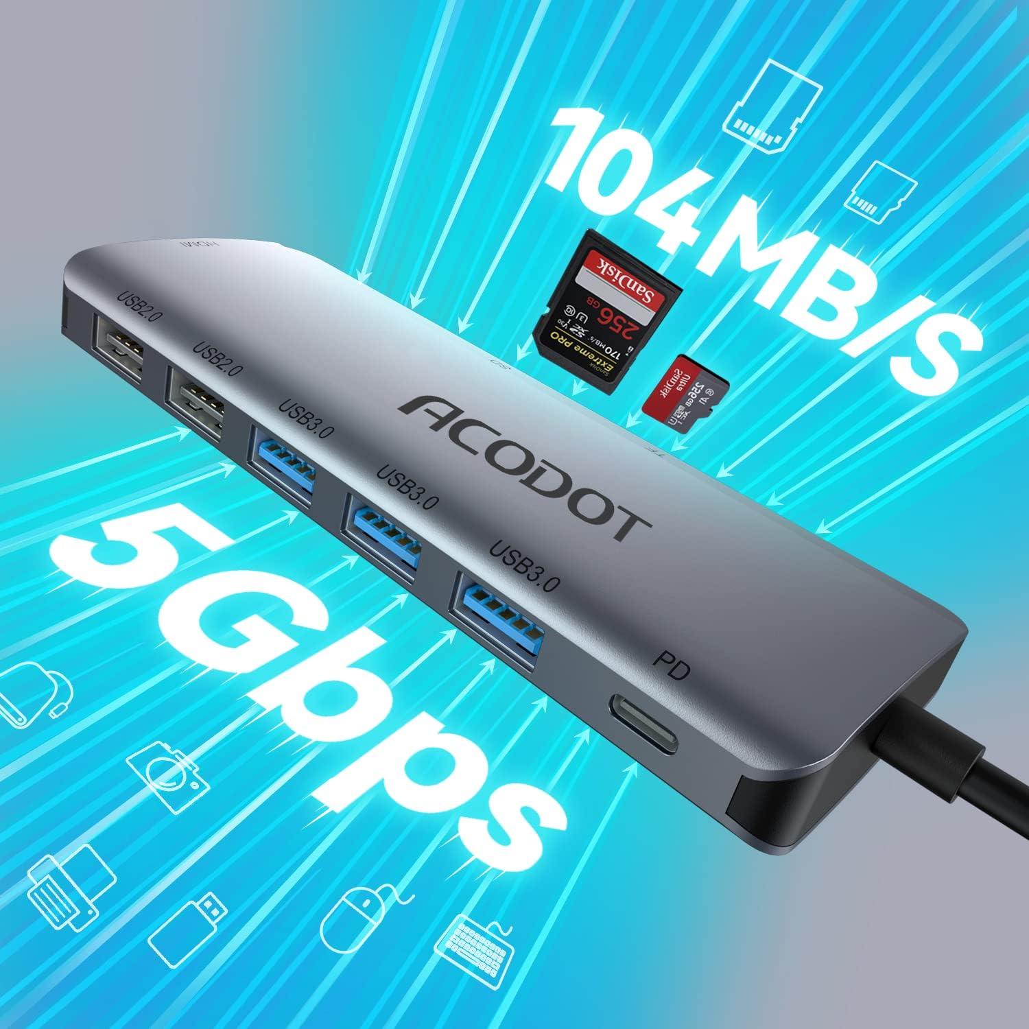 Hub USB C Acodot 9 en 1 HDMI 4K 3 USB 3.0 Lector SD