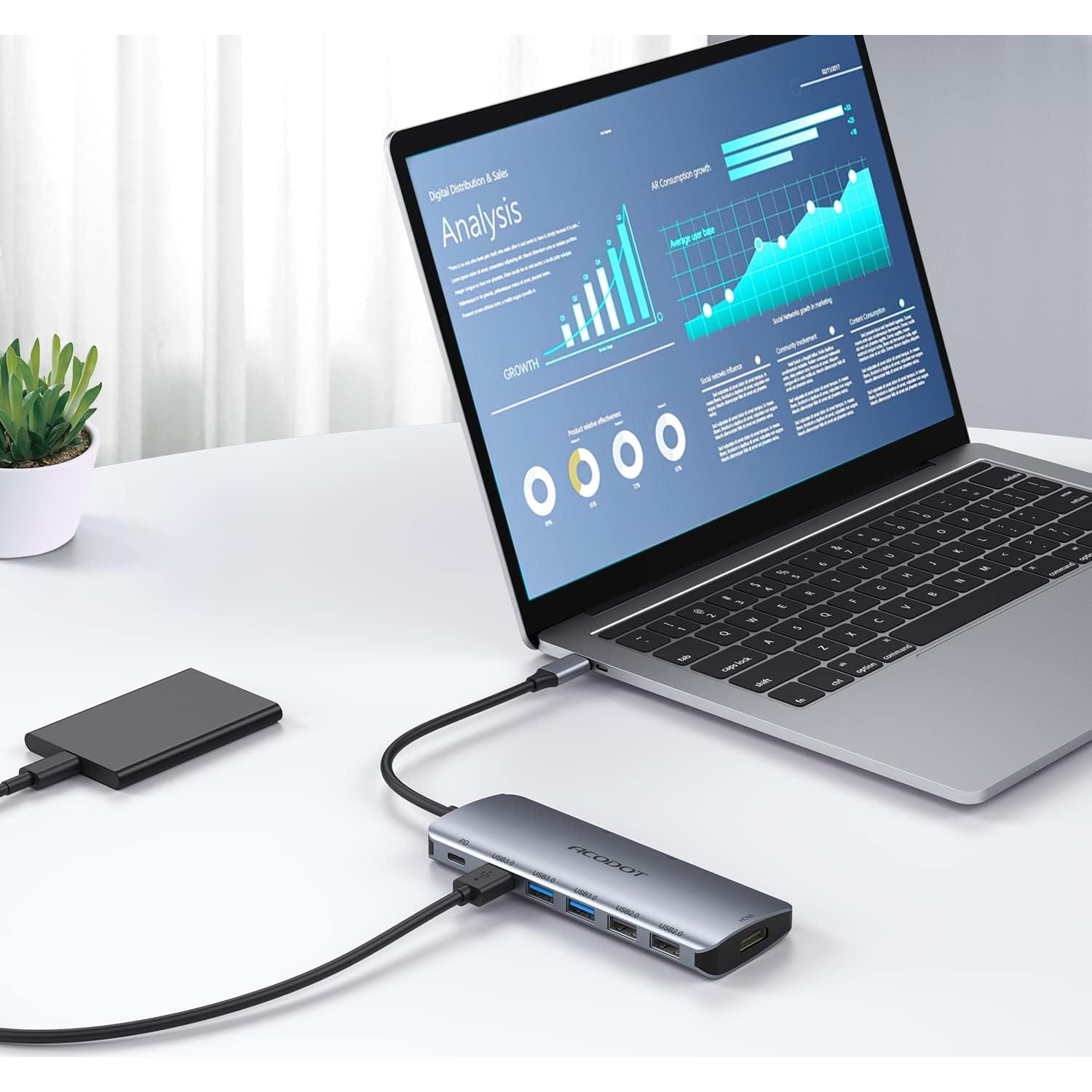 Hub USB C Acodot 9 en 1 HDMI 4K 3 USB 3.0 Lector SD