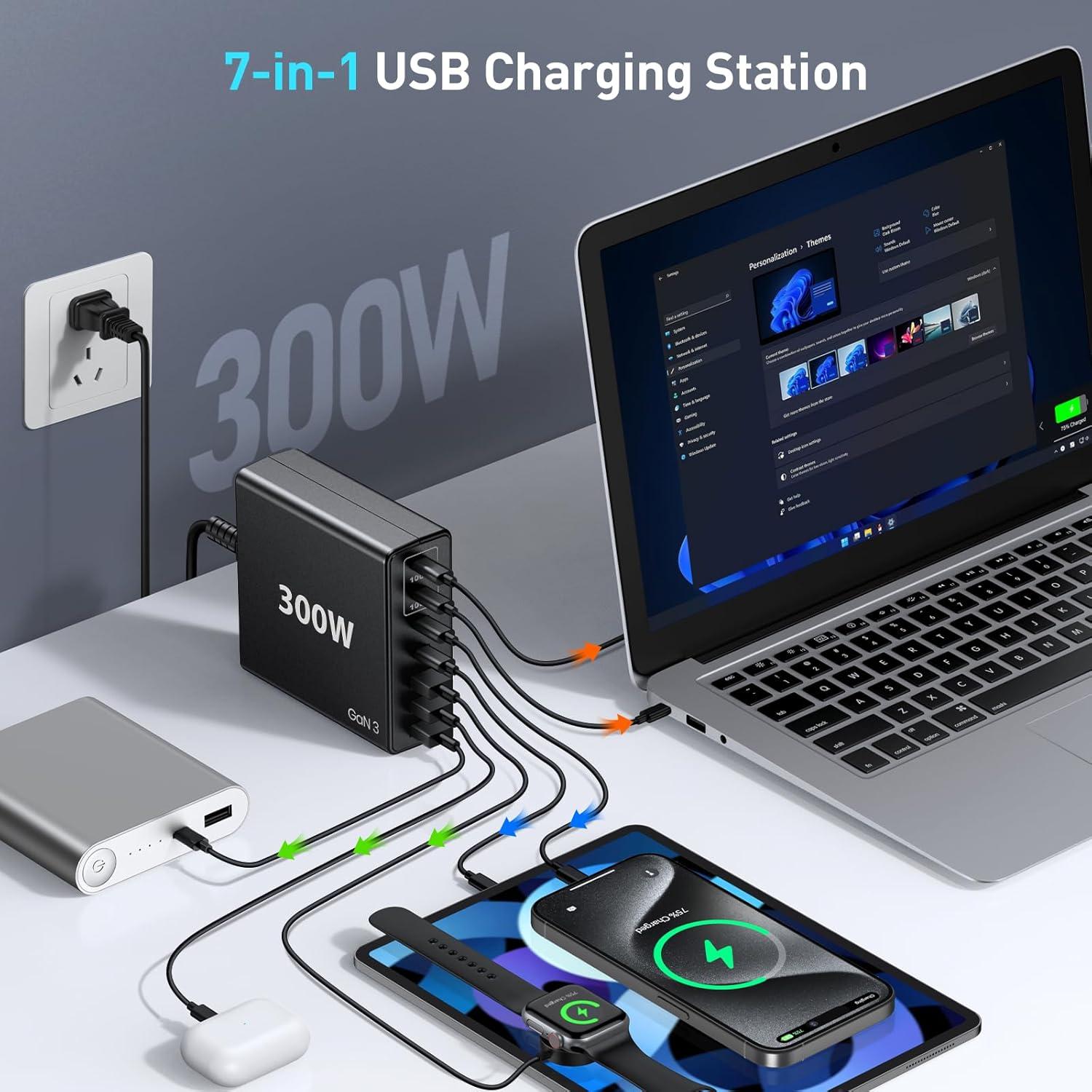 Cargador Rápido USB C 300W 7 Puertos - Adaptador GaN