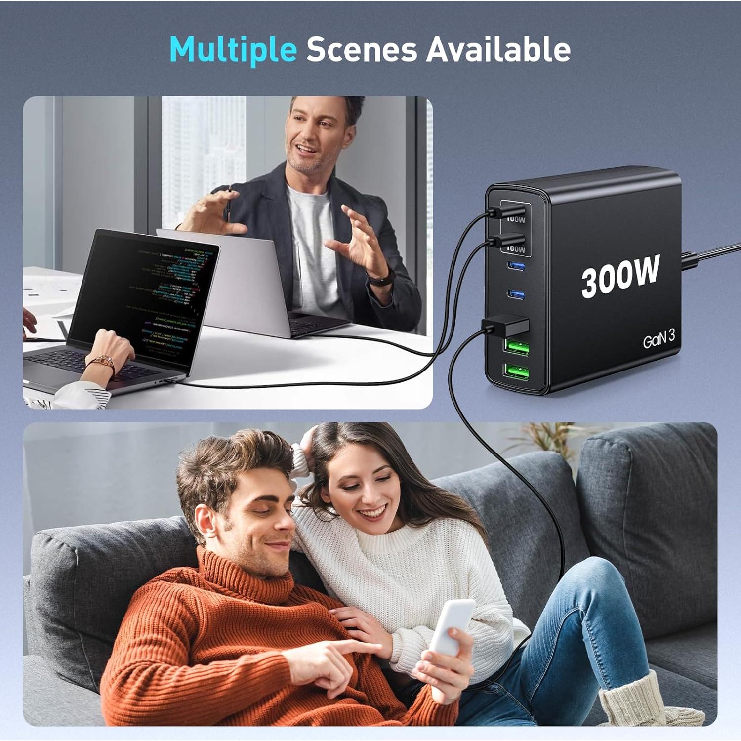 Cargador Rápido USB C 300W 7 Puertos - Adaptador GaN