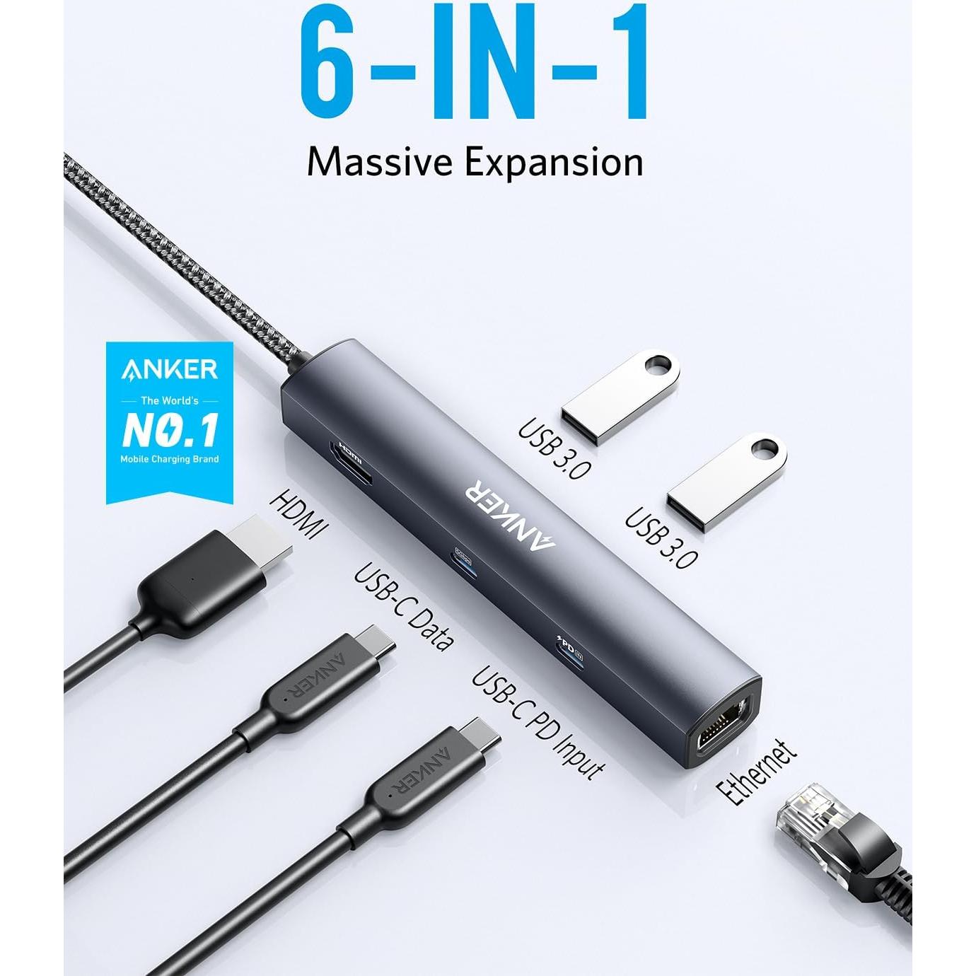 Hub USB-C 6-en-1 Anker A83650A1 65W HDMI 4K Ethernet