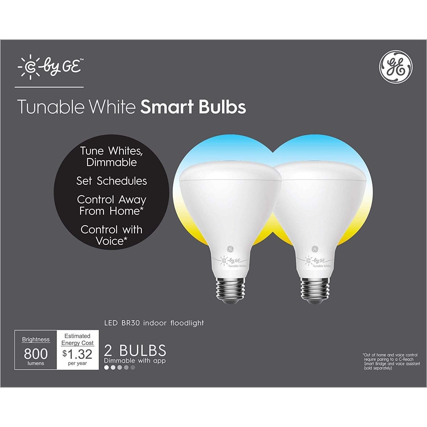 Bombillas LED inteligentes GE CYNC BR30, 2 unidades, blanco ajustable
