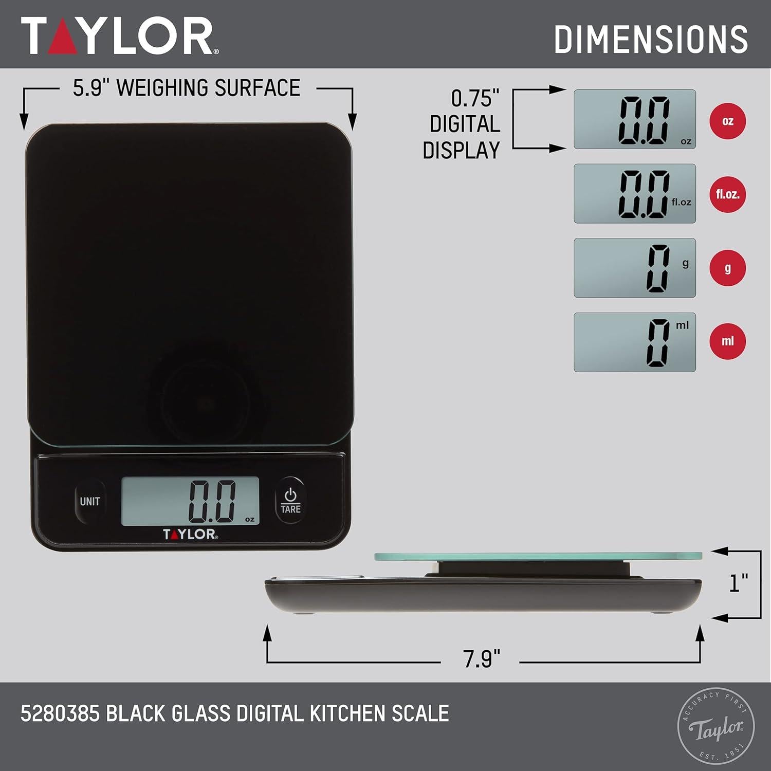 Báscula de Cocina Taylor Digital Vidrio 5 kg Táctil Negra