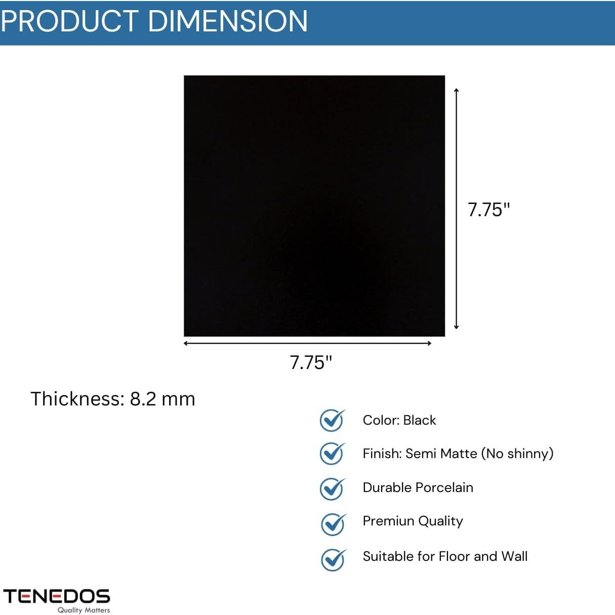 Azulejo de Porcelana Tenedos 8x8 Negro Mate Caja 30 Pzas