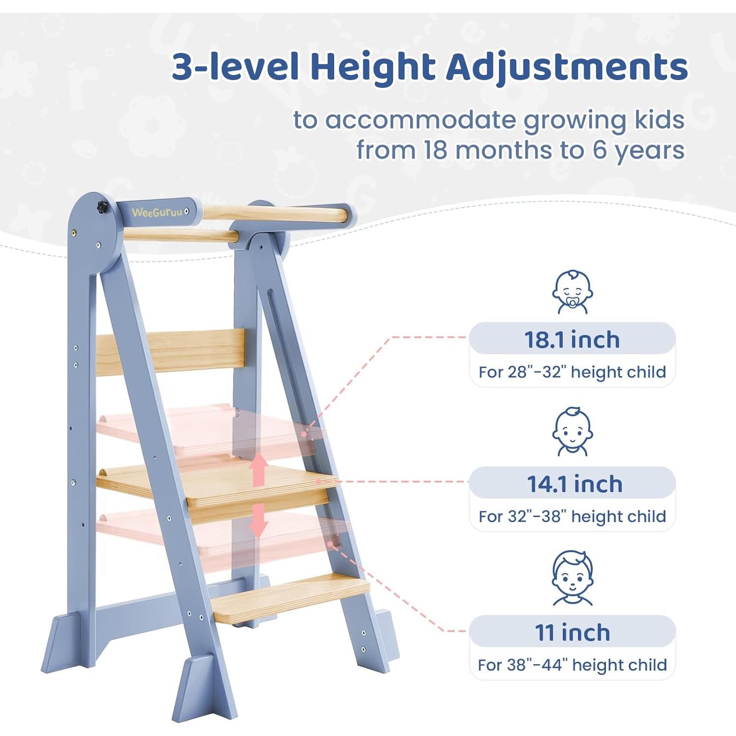 Torre de Cocina Plegable WeeGuruu Ajustable para Niños 18 Meses a 6 Años