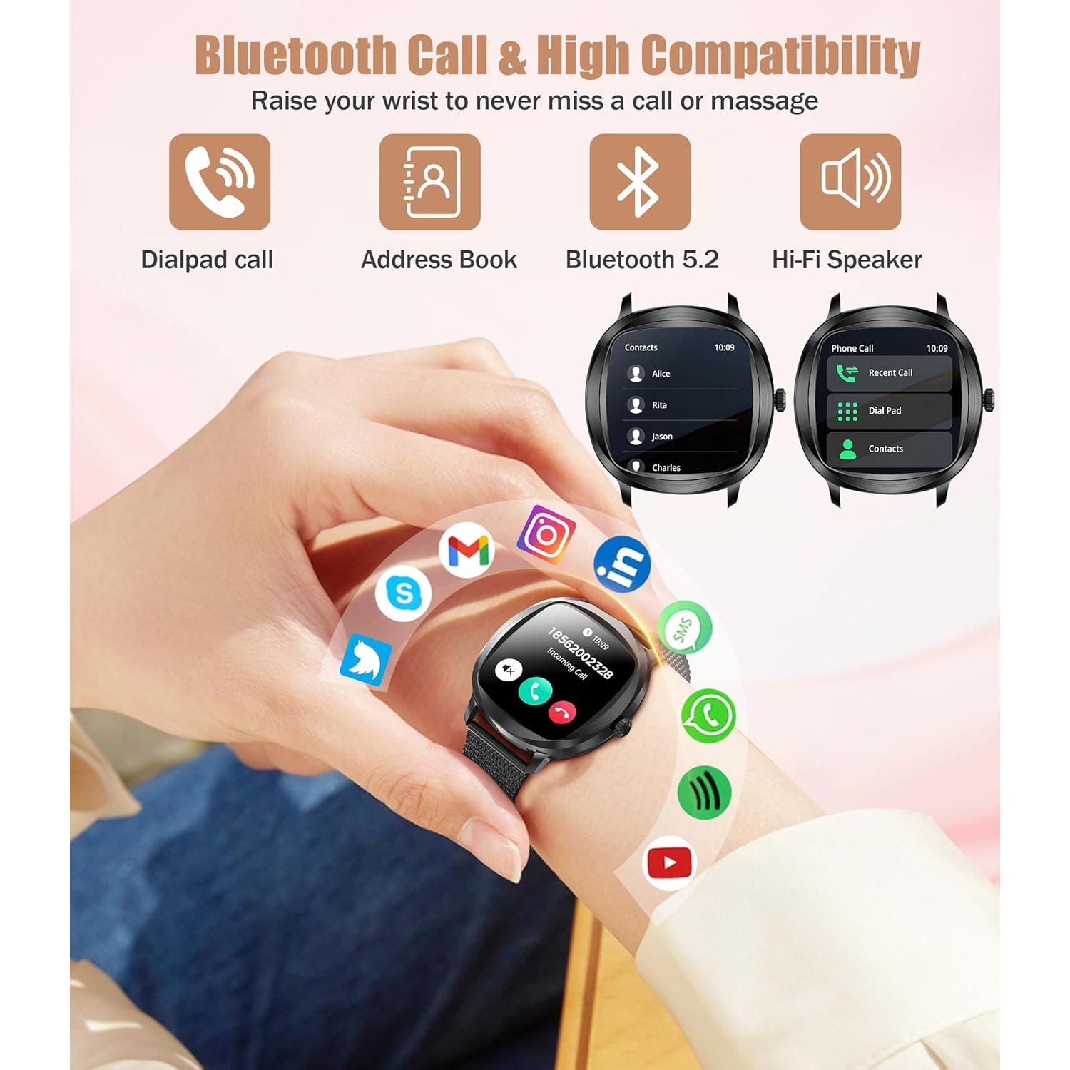 Reloj Inteligente GLPYR para Mujeres 1.72" Negro con Monitor de Salud