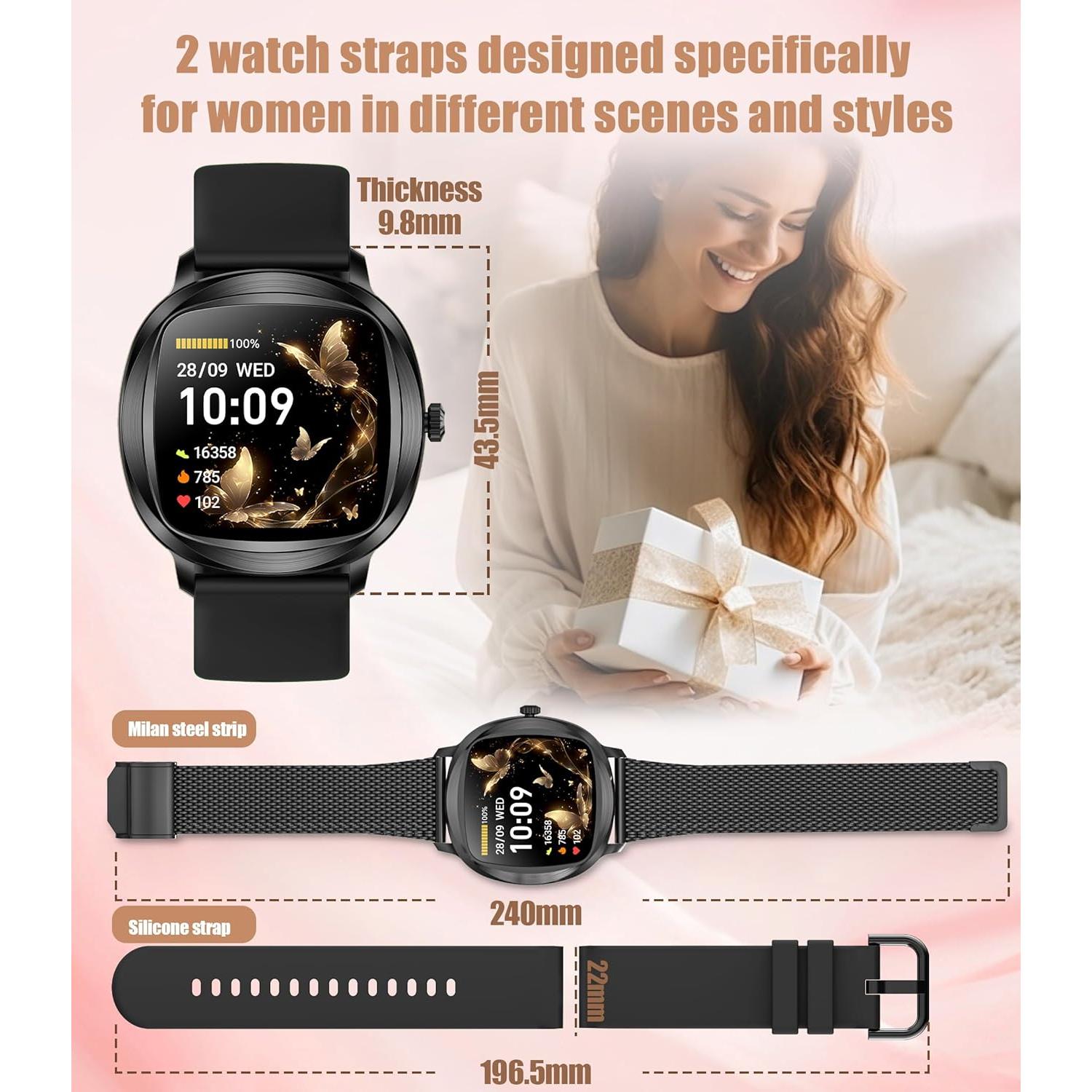 Reloj Inteligente GLPYR para Mujeres 1.72" Negro con Monitor de Salud